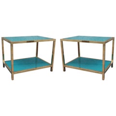 Romeo Rega Pair of Gilded Brass & Turquoise Glass Midcentury Coffee Tables, 1970