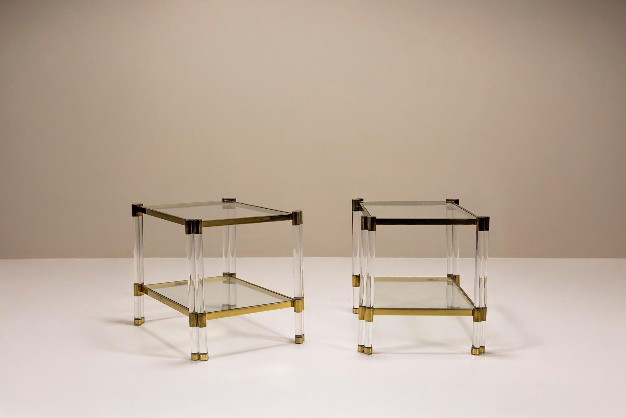 Hollywood Regency Romeo Rega Pair of Lucite and Brass Side Tables, Italy 1970s For Sale