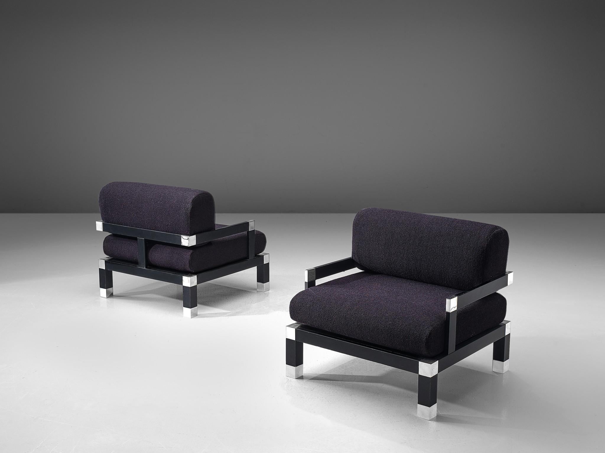 Romeo Rega, set of two lounge chairs, wood, metal, purple fabric, Italy, 1960s.

This geometric pair of club chairs with solid wooden frames and new deep purple colored 'Outback' fabric by Kvadrat is designed by Romeo Rega. Due to the fact that the