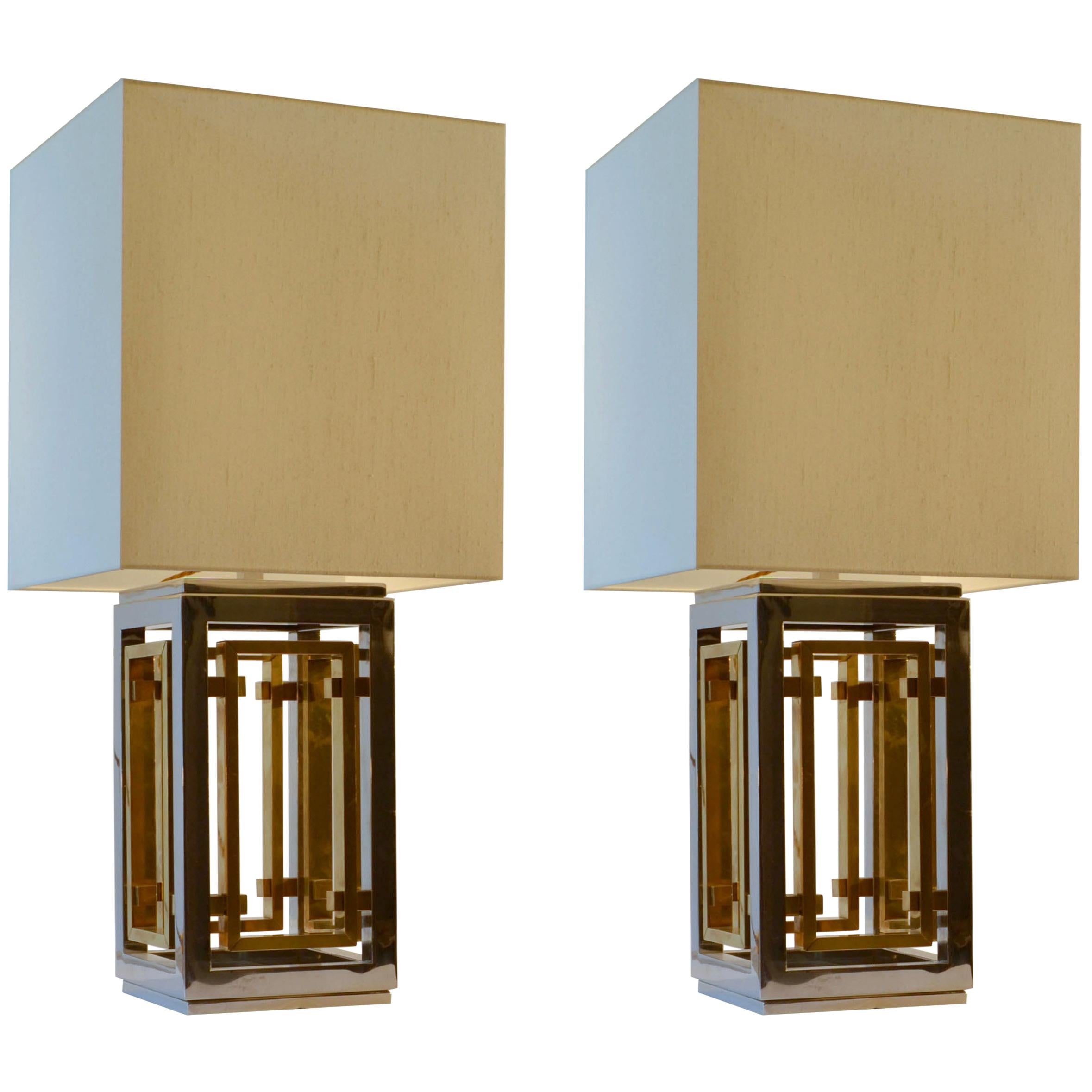 Romeo Rega Pair of Table Lamps, Chrome and Brass with Square Shades