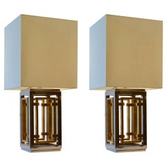 Romeo Rega Pair of Table Lamps, Chrome and Brass with Square Shades