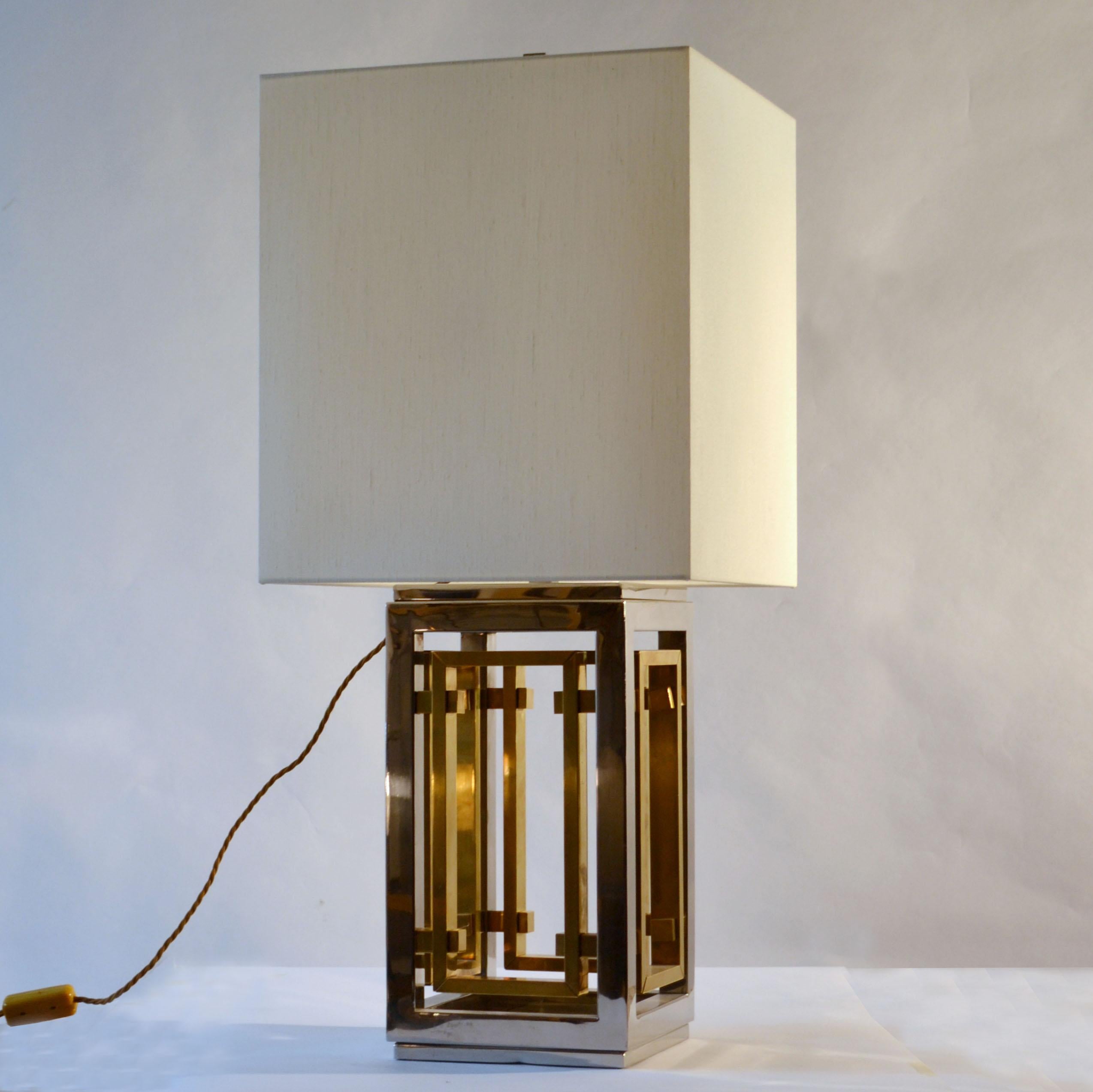 Mid-Century Modern Romeo Rega Pair of Table Lamps, Chrome and Brass with Square Shades