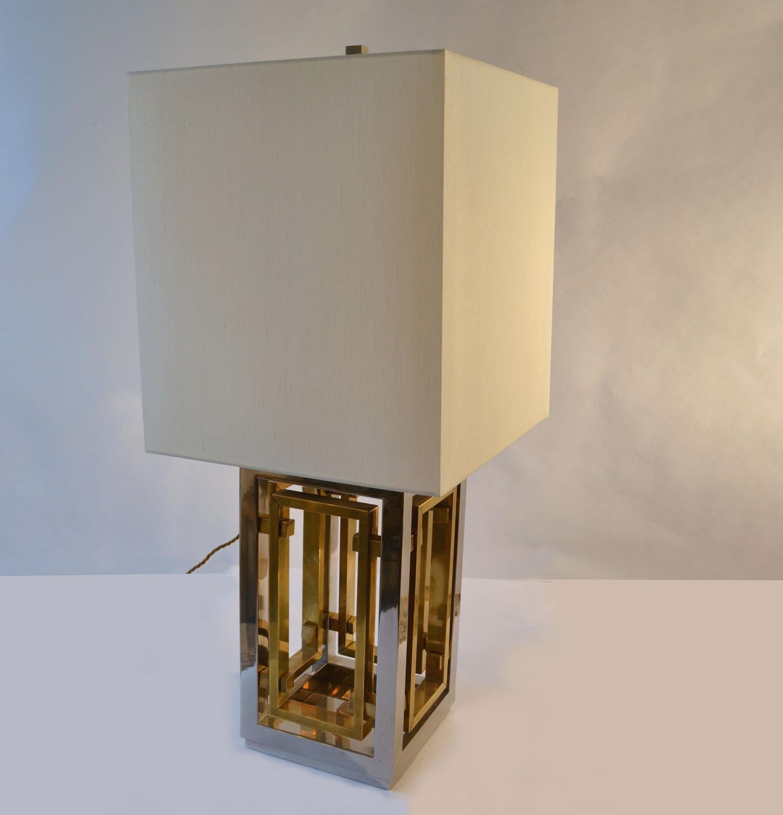 Hand-Crafted Romeo Rega Pair of Table Lamps, Chrome and Brass with Square Shades