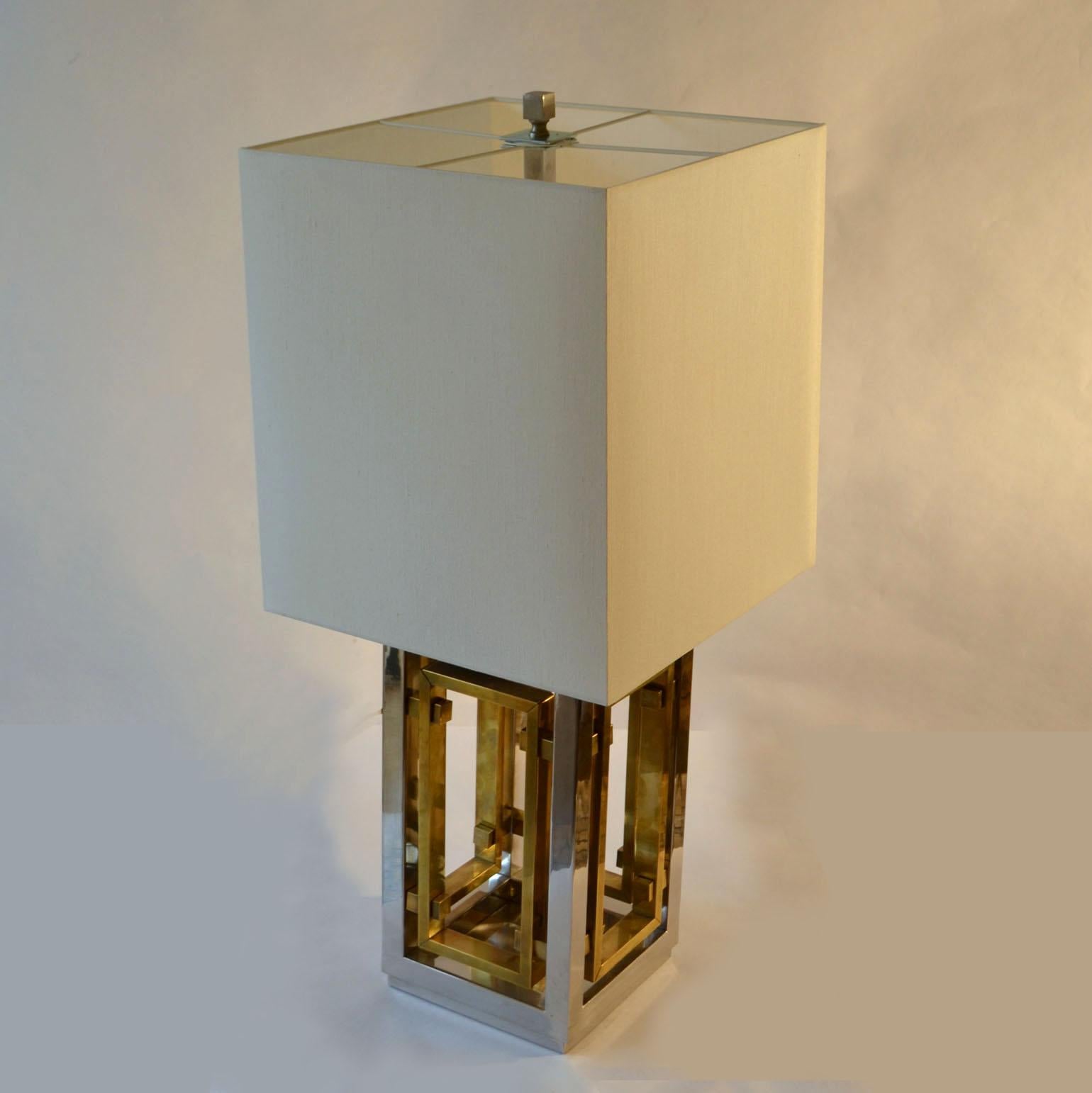 Romeo Rega Pair of Table Lamps, Chrome and Brass with Square Shades In Excellent Condition In London, GB