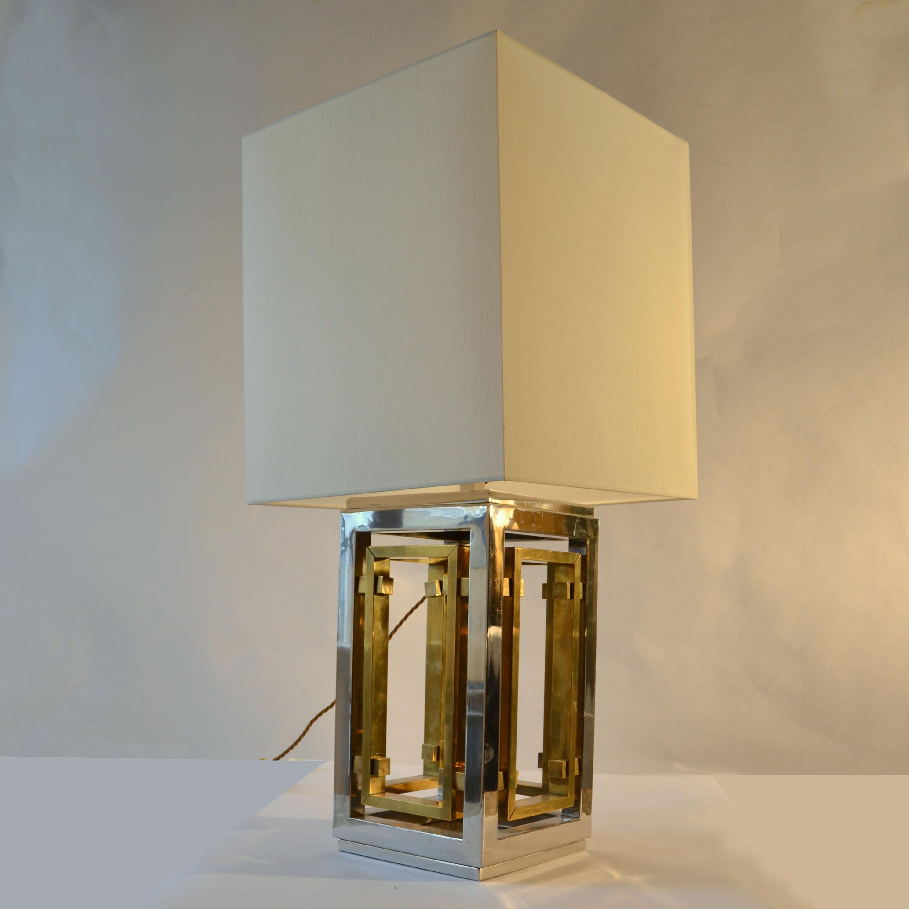 Late 20th Century Romeo Rega Pair of Table Lamps, Chrome and Brass with Square Shades