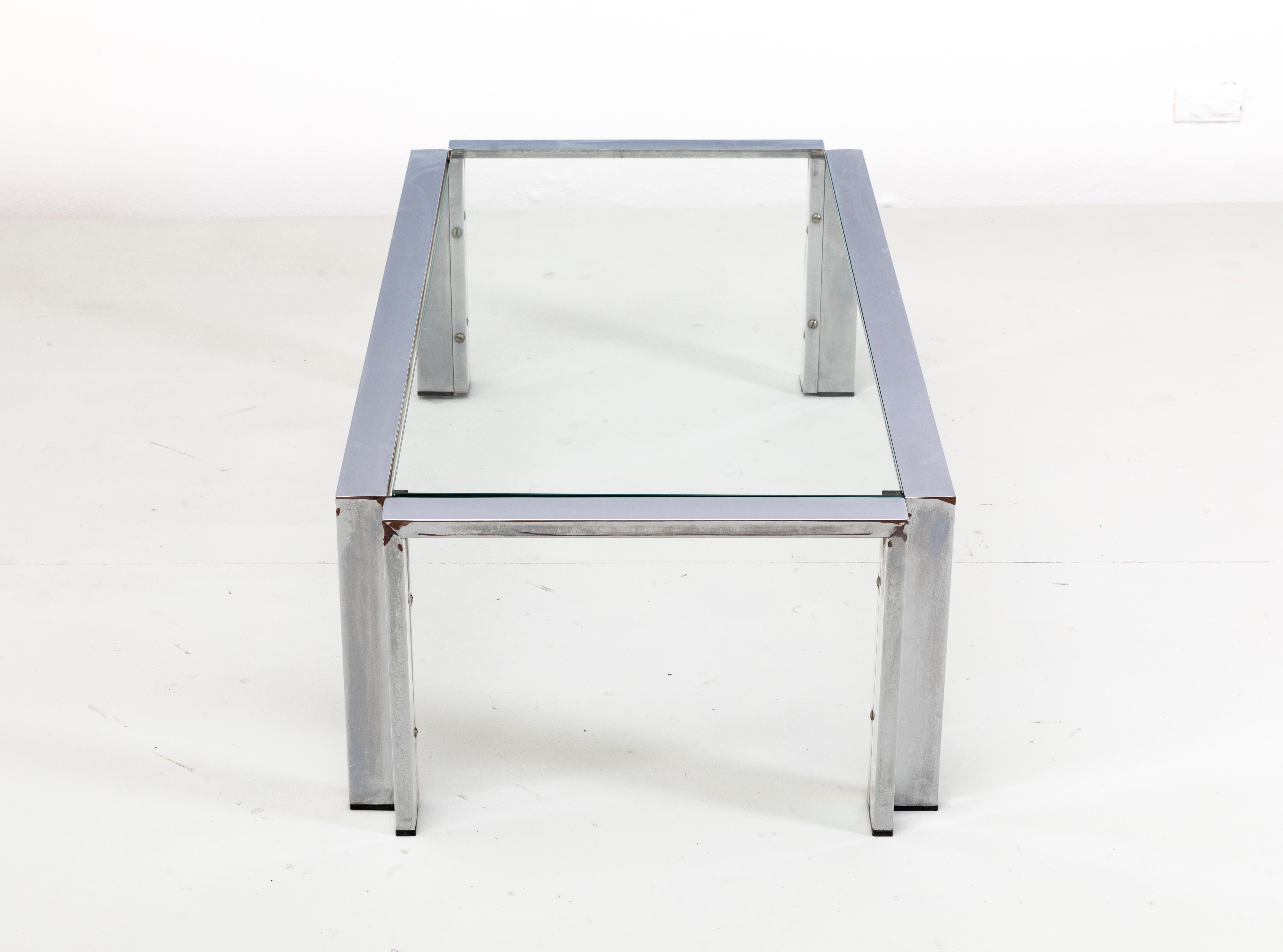 Romeo Rega Prod. Italy, C. 1970 Glass Table with Steel Frame and Edges For Sale 5