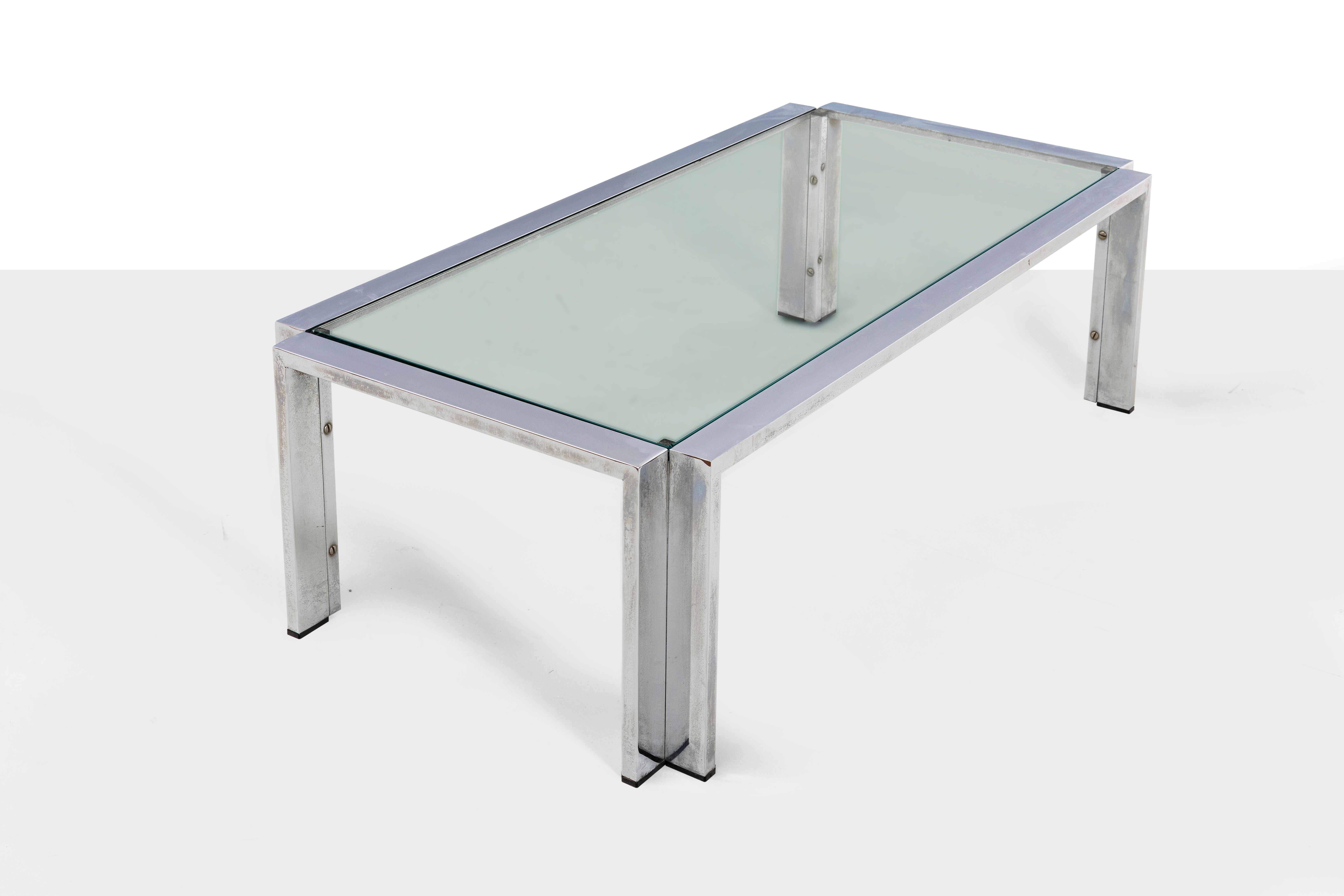 Italian Romeo Rega Prod. Italy, C. 1970 Glass Table with Steel Frame and Edges For Sale