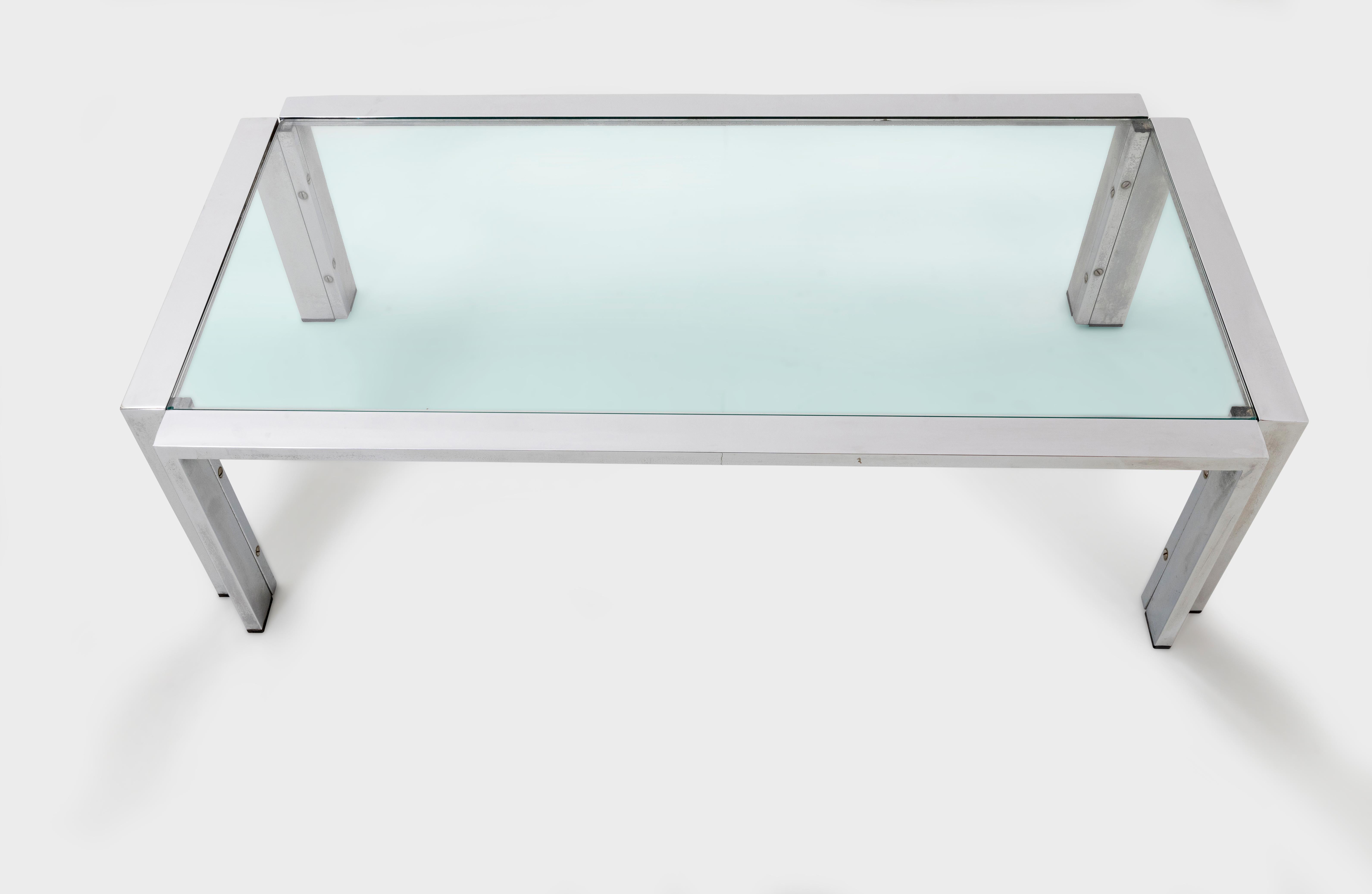 Romeo Rega Prod. Italy, C. 1970 Glass Table with Steel Frame and Edges For Sale 1