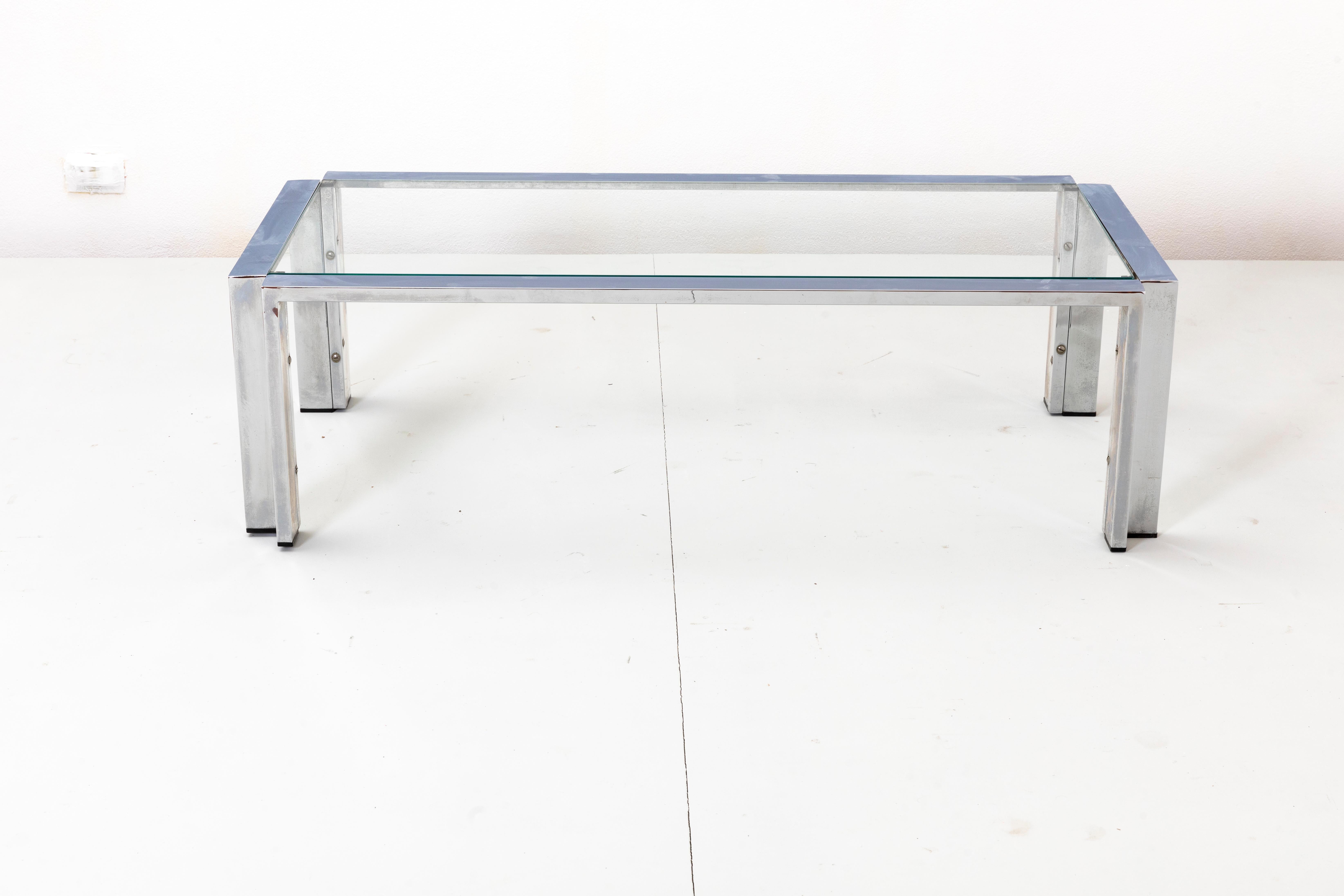 Romeo Rega Prod. Italy, C. 1970 Glass Table with Steel Frame and Edges For Sale 4