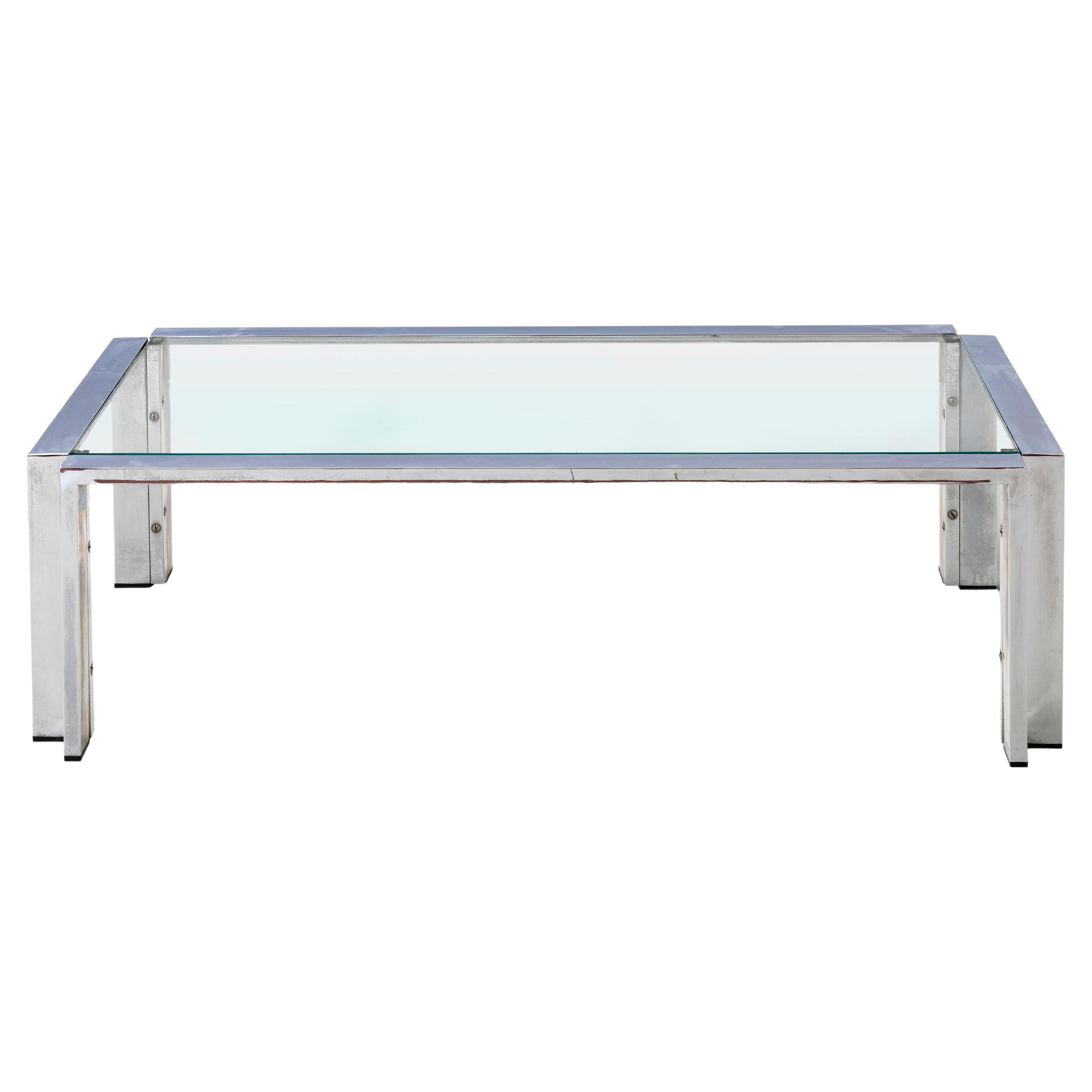 Romeo Rega Prod. Italy, C. 1970 Glass Table with Steel Frame and Edges For Sale