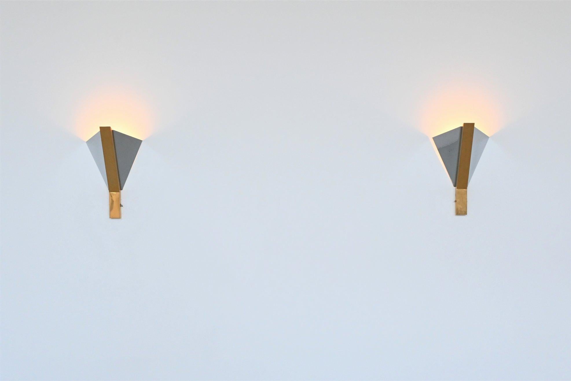 Mid-Century Modern Romeo Rega Sconces Triangle Chrome and Brass, Italy, 1970