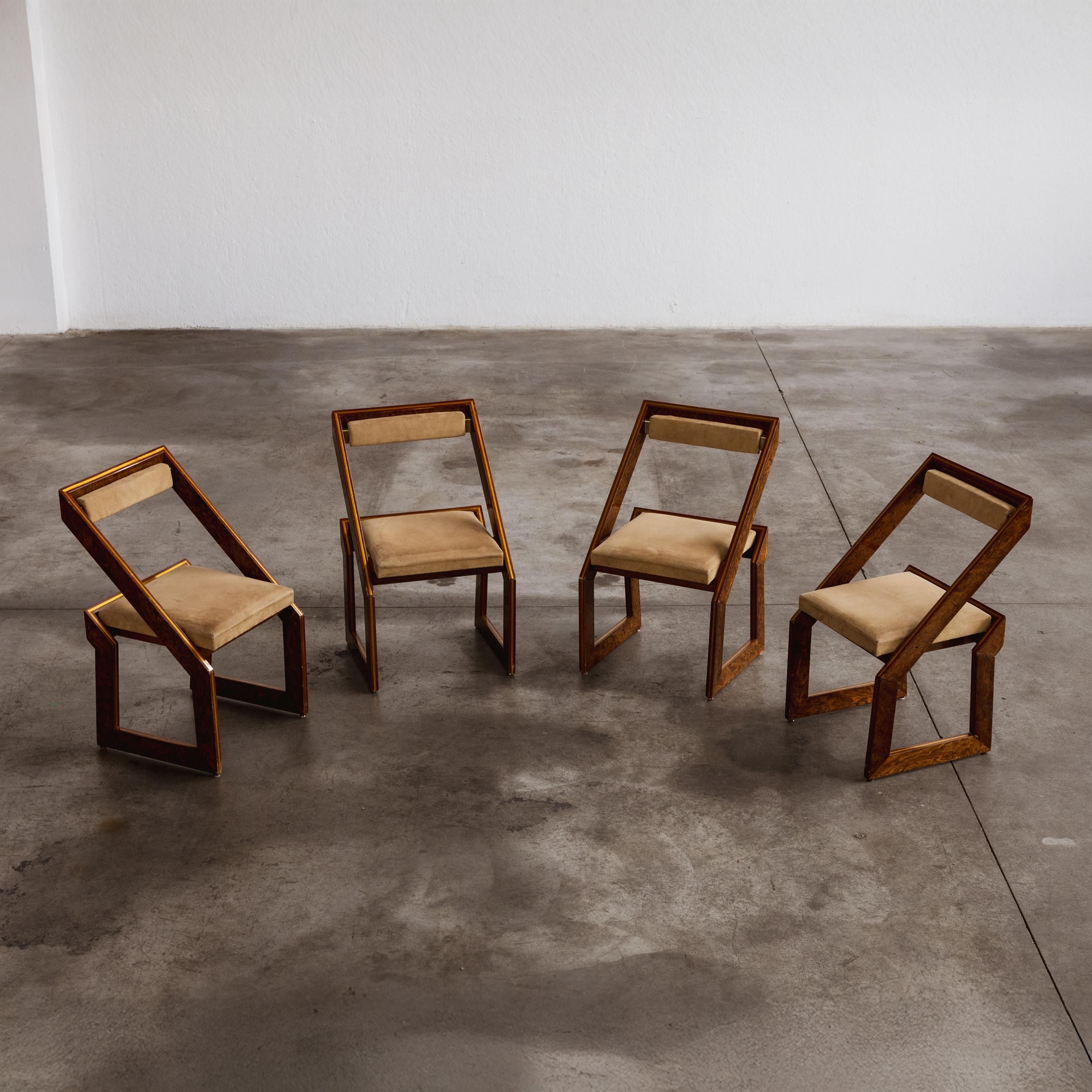 Romeo Rega sculptural dining chairs, suede and burl, 1970, Italy, set of four.

This set of six dining chairs by Romeo Rega, crafted in 1970, embodies an avant-garde fusion of design and craftsmanship, mirroring the era's inclination towards
