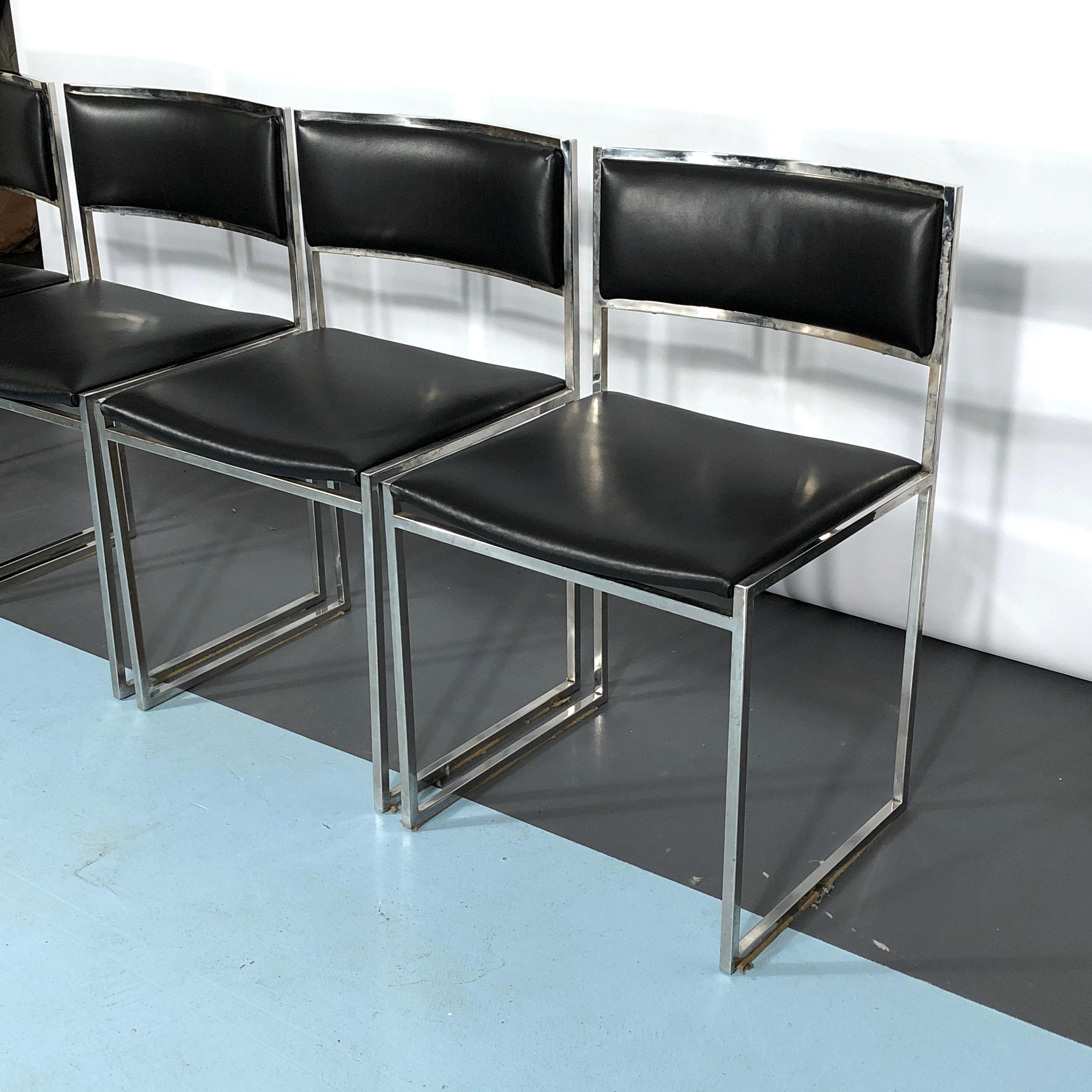 Italian Romeo Rega, Set of Four Chrome and Leather Dining Chairs from 60s For Sale