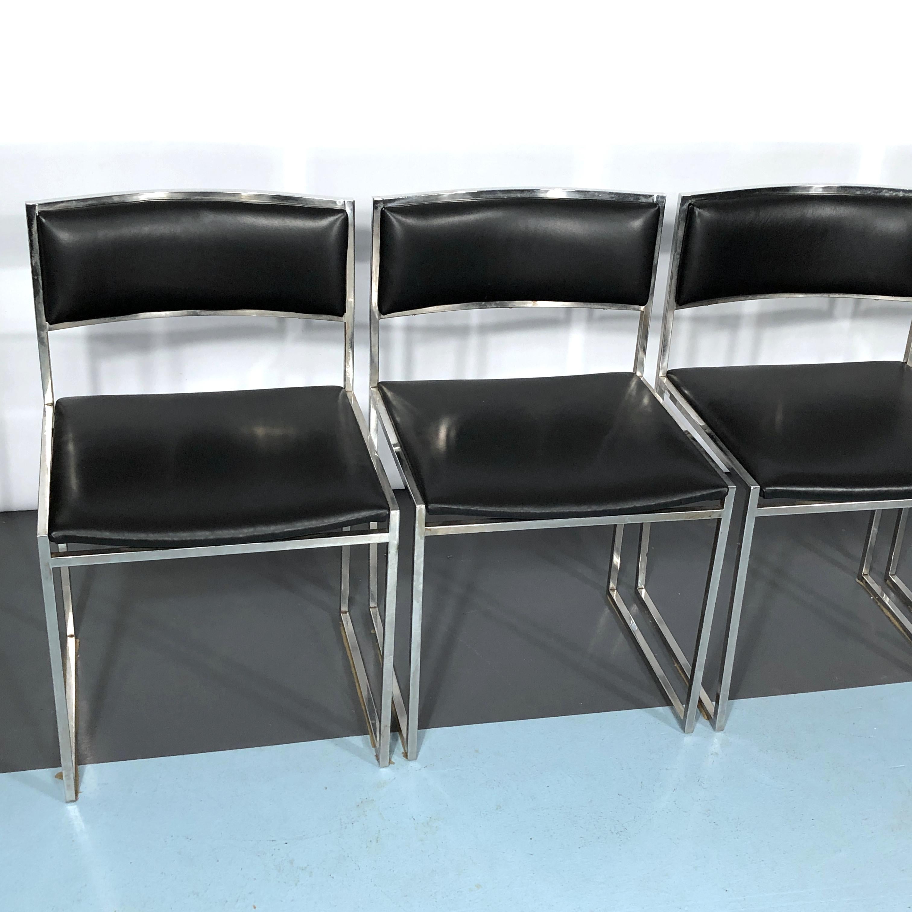20th Century Romeo Rega, Set of Four Chrome and Leather Dining Chairs from 60s For Sale