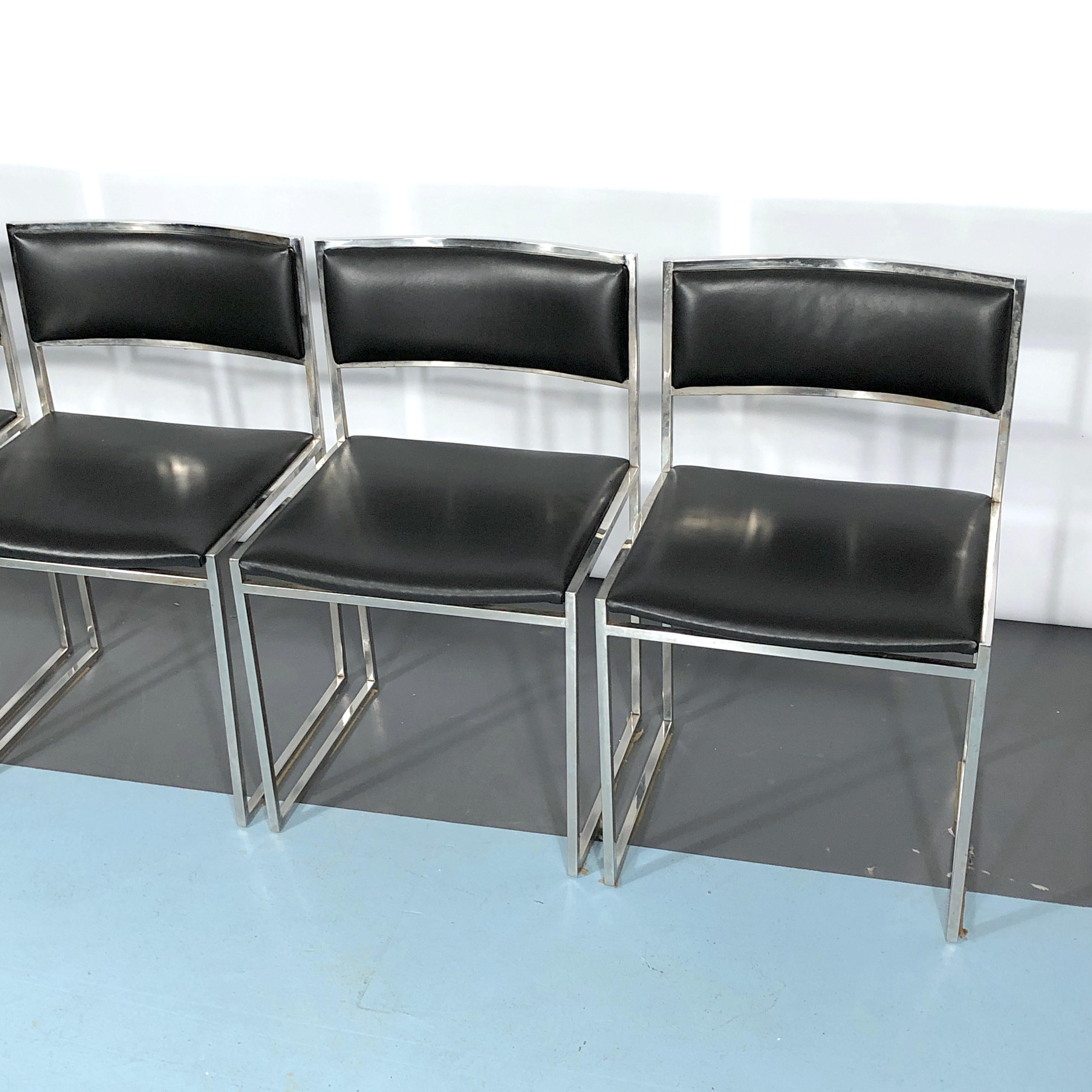 Romeo Rega, Set of Four Chrome and Leather Dining Chairs from 60s For Sale 1
