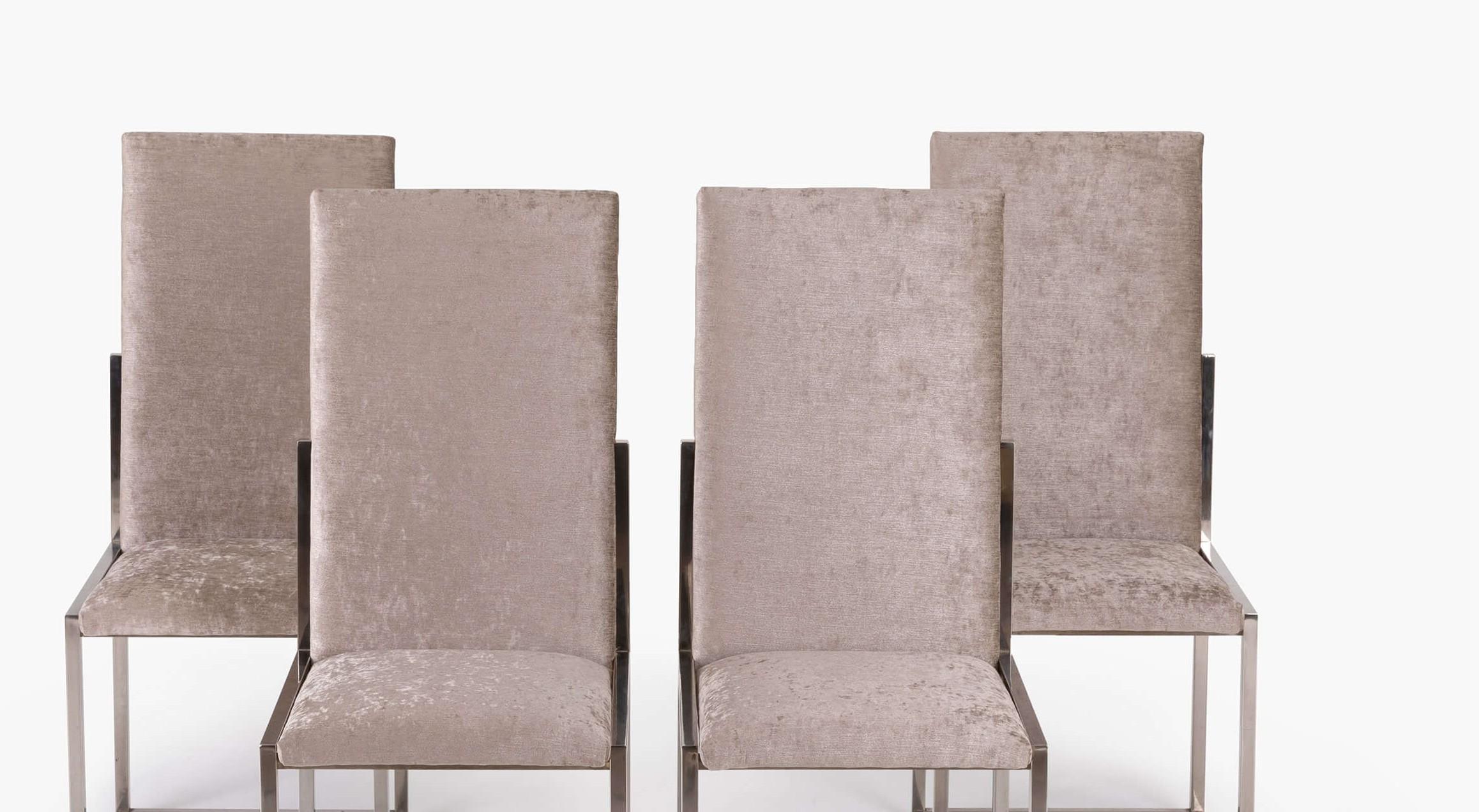 Romeo Rega Satz von vier Esszimmerstühlen mit Chromgestell und metallischer Chenille 1970 im Zustand „Hervorragend“ im Angebot in Cheyenne, WY