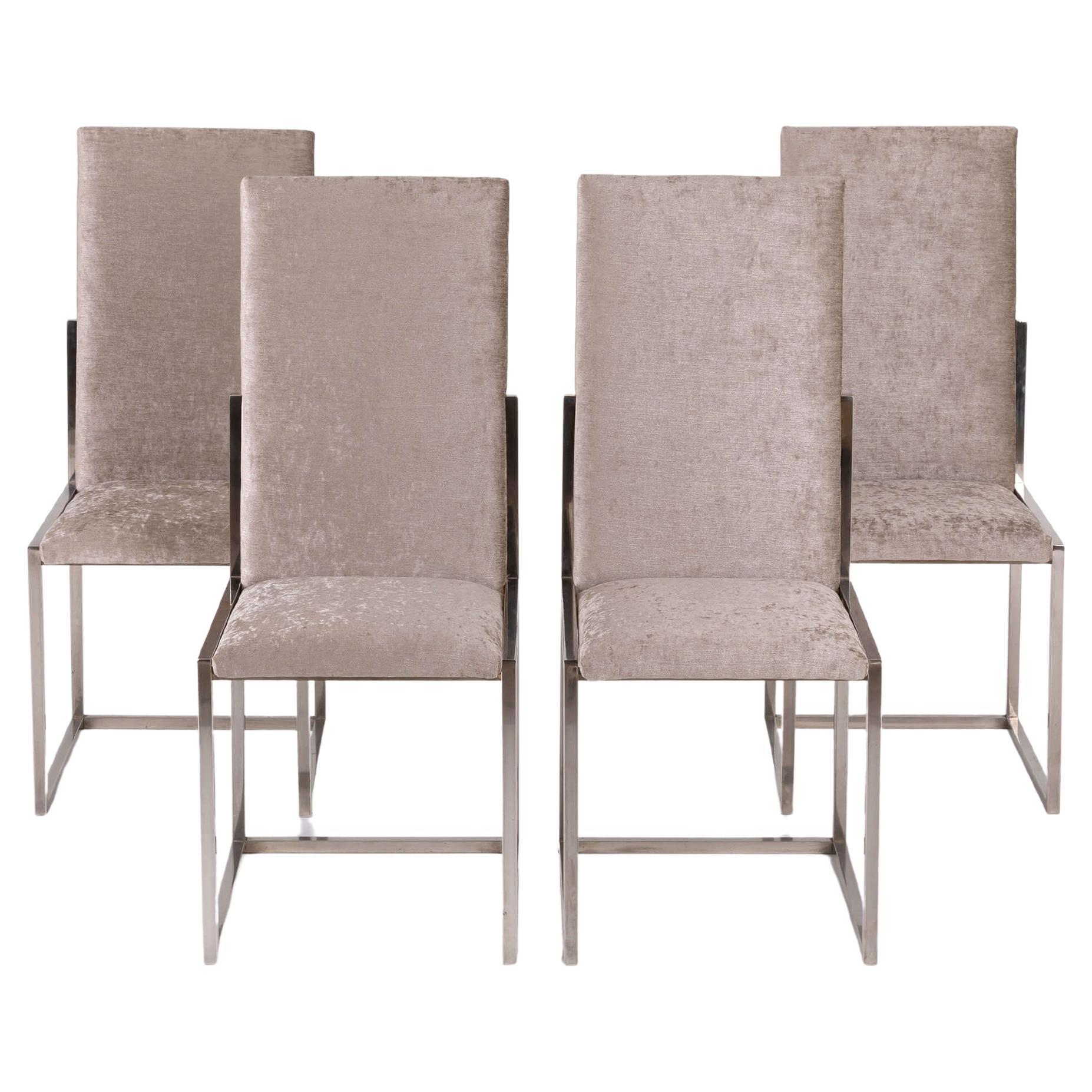 Romeo Rega Satz von vier Esszimmerstühlen mit Chromgestell und metallischer Chenille 1970 im Angebot