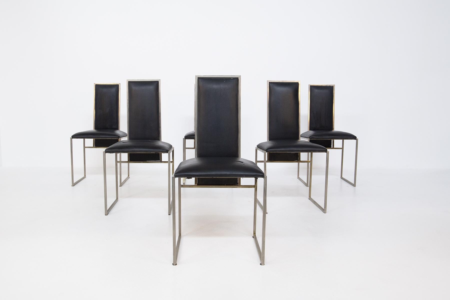 Set of six Italian sets designed by the famous Romeo Rega from the 1960s.
The set is made from a metal frame and the seat and back in black leather . The line of each seat is very strict and geometric, all the lines are designed to form perfect