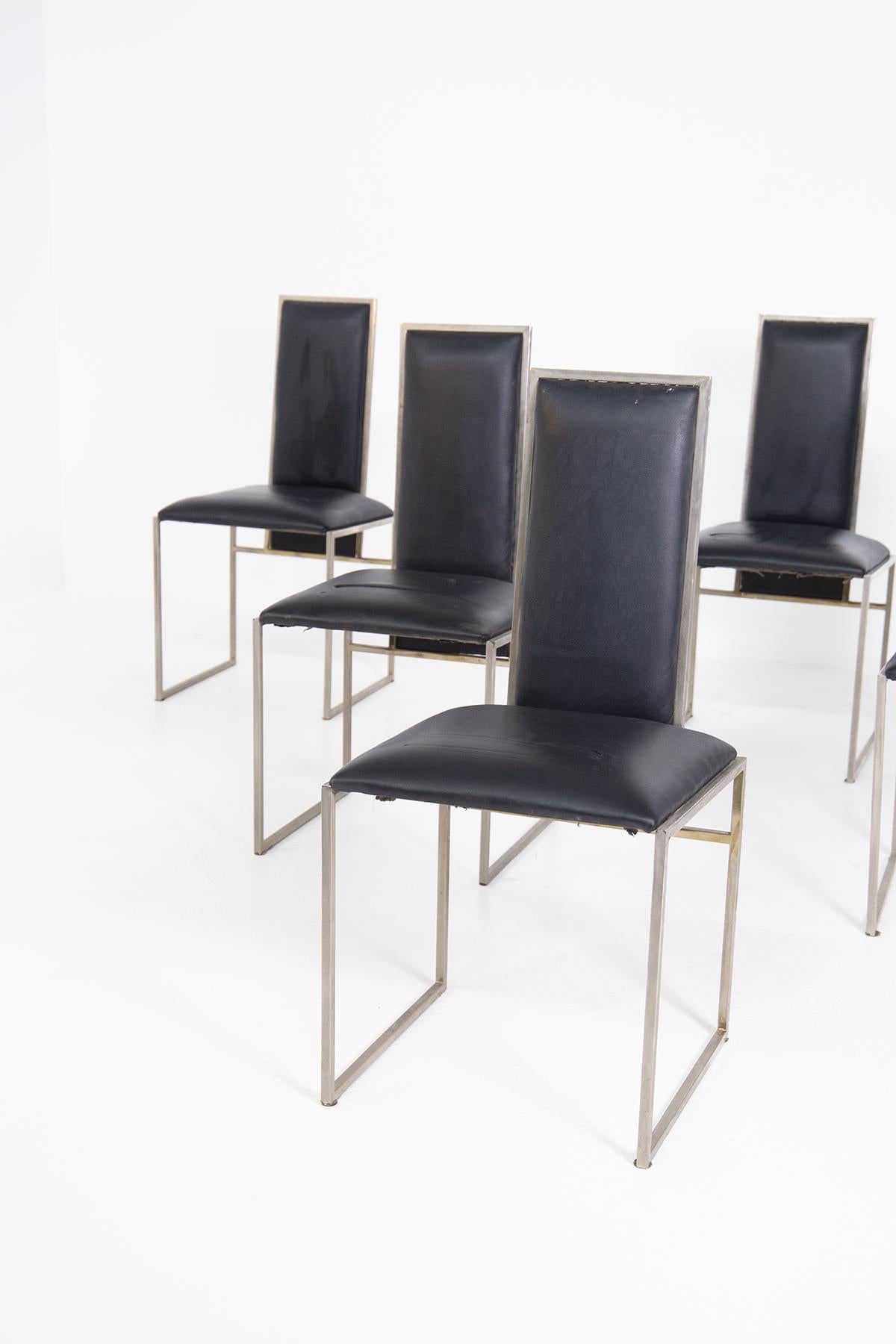 Mid-Century Modern Romeo Rega Set of Six Dining Chair in Black Leather and Steel