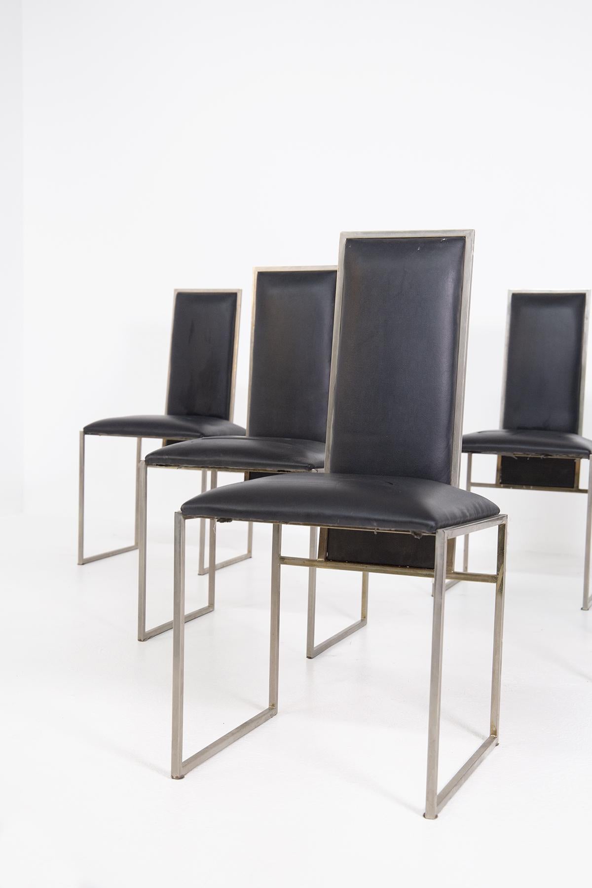 Italian Romeo Rega Set of Six Dining Chair in Black Leather and Steel