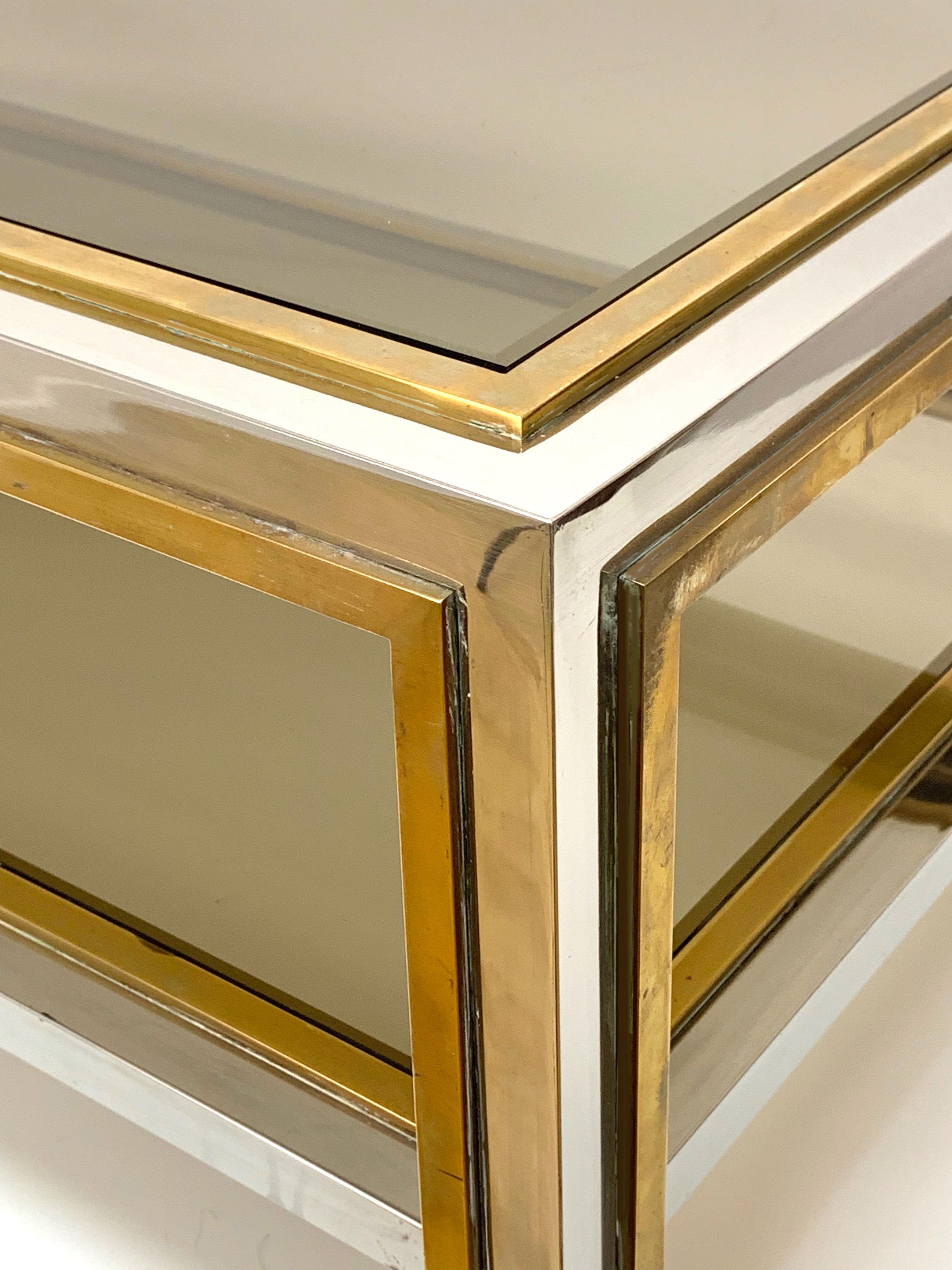 Brass and Chrome Two Levels Coffe Table, Smoked Glass after Romeo Rega, 1970 3