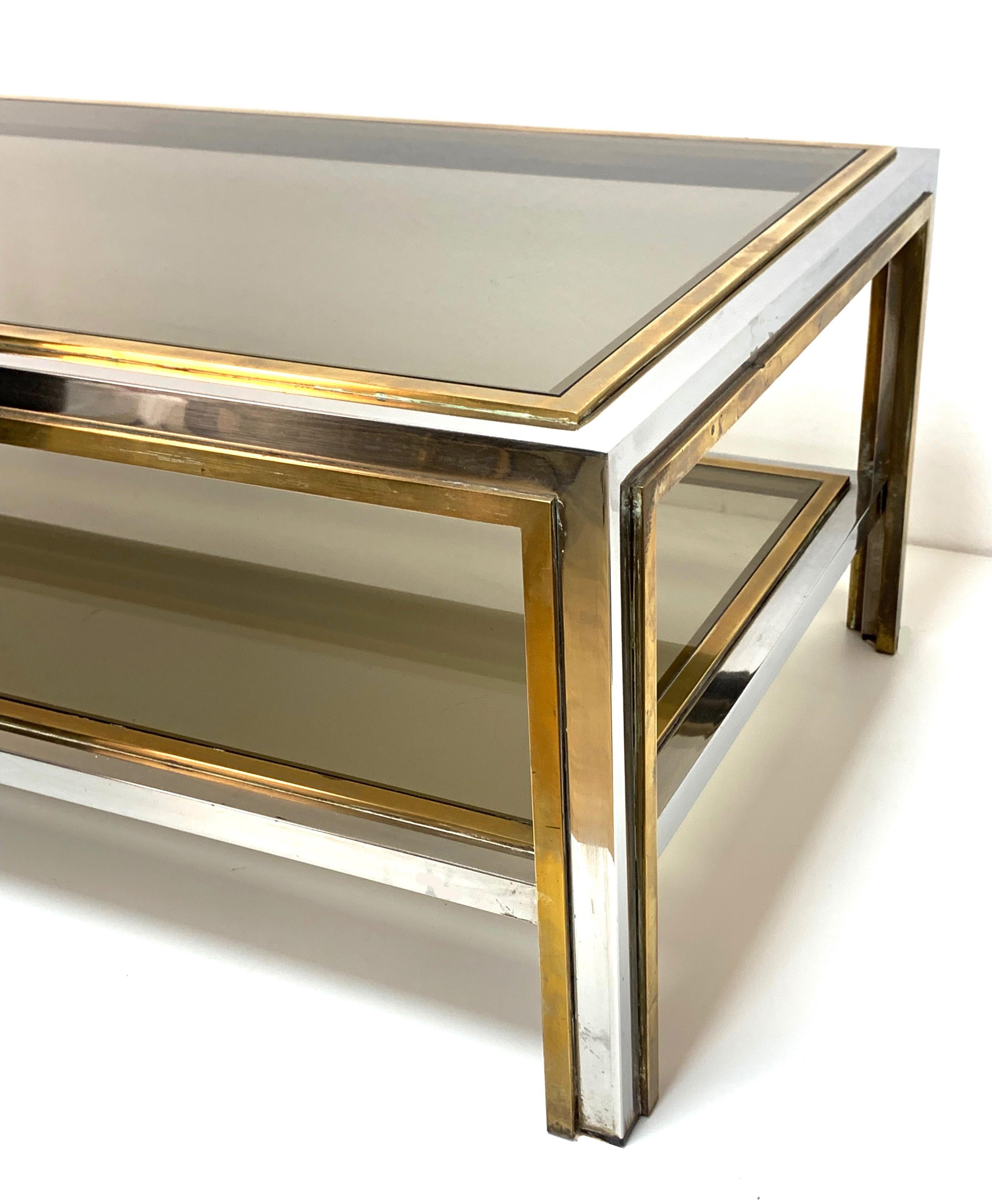 Mid-Century Modern Brass and Chrome Two Levels Coffe Table, Smoked Glass after Romeo Rega, 1970
