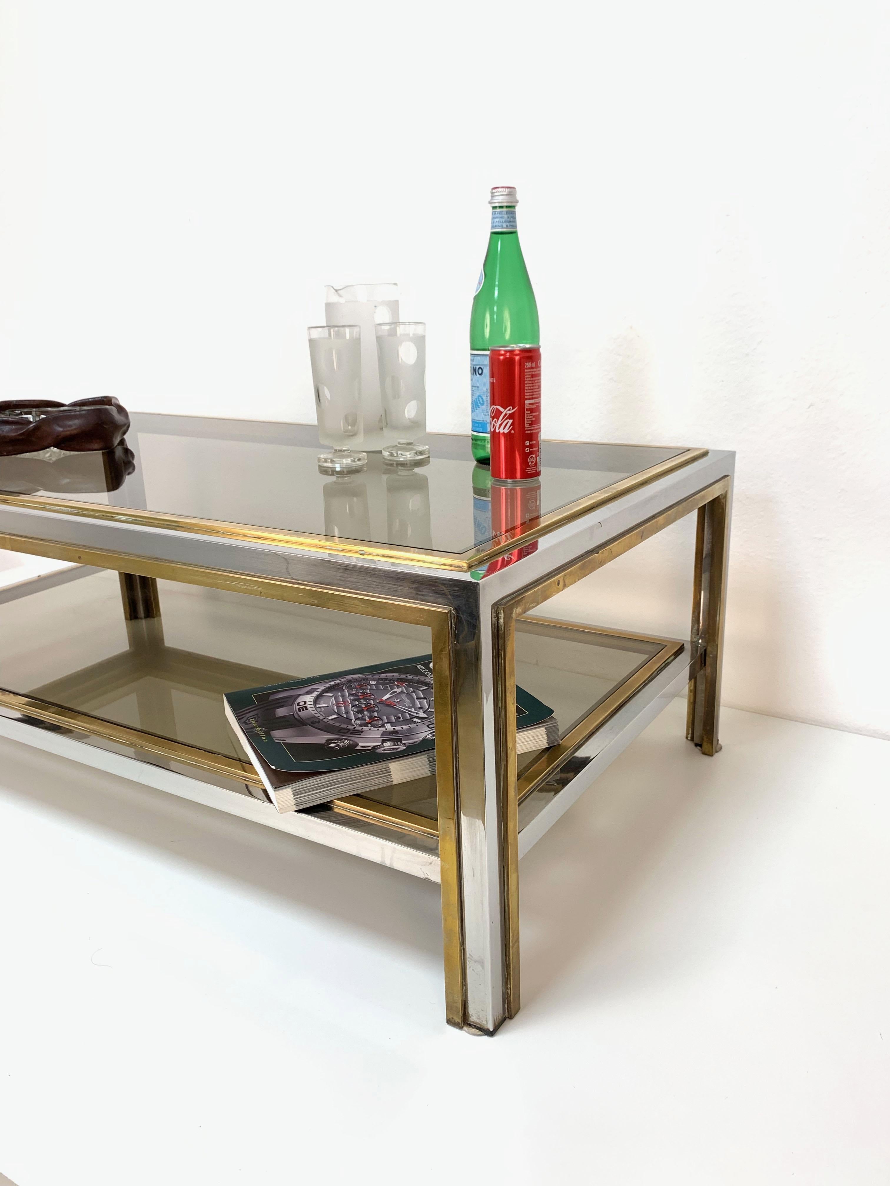 Italian Brass and Chrome Two Levels Coffe Table, Smoked Glass after Romeo Rega, 1970
