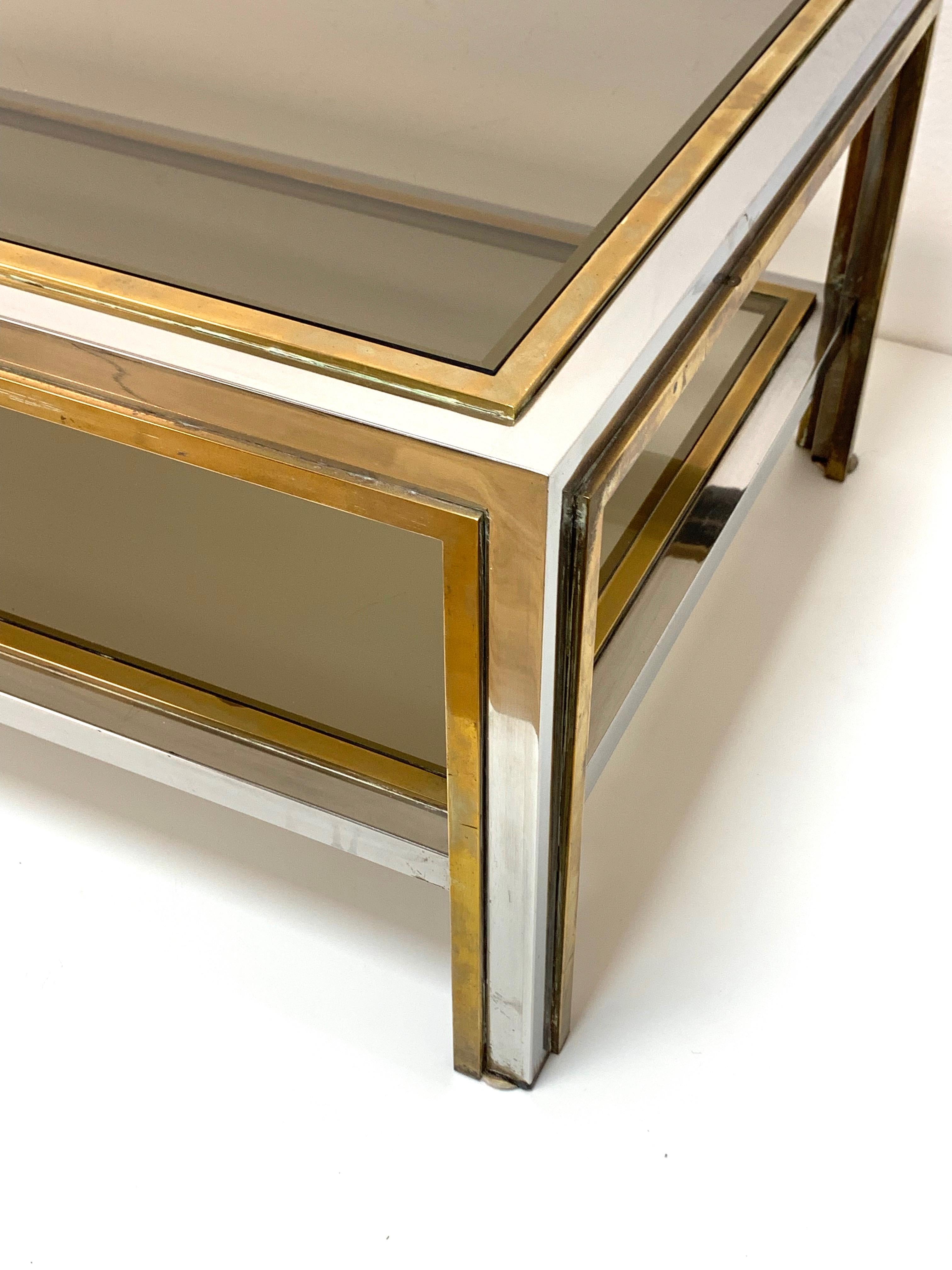 Brass and Chrome Two Levels Coffe Table, Smoked Glass after Romeo Rega, 1970 In Excellent Condition In Roma, IT