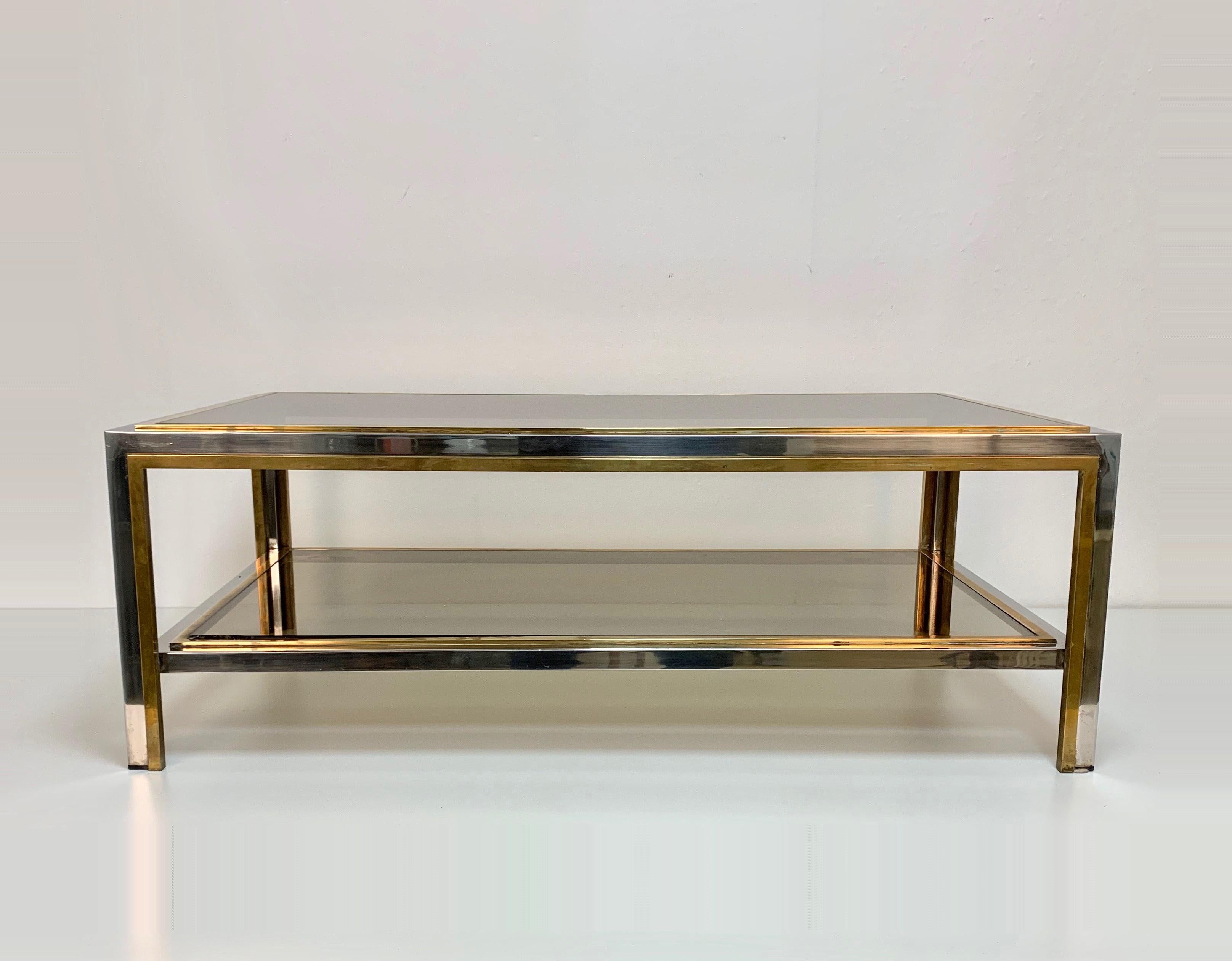 Late 20th Century Brass and Chrome Two Levels Coffe Table, Smoked Glass after Romeo Rega, 1970