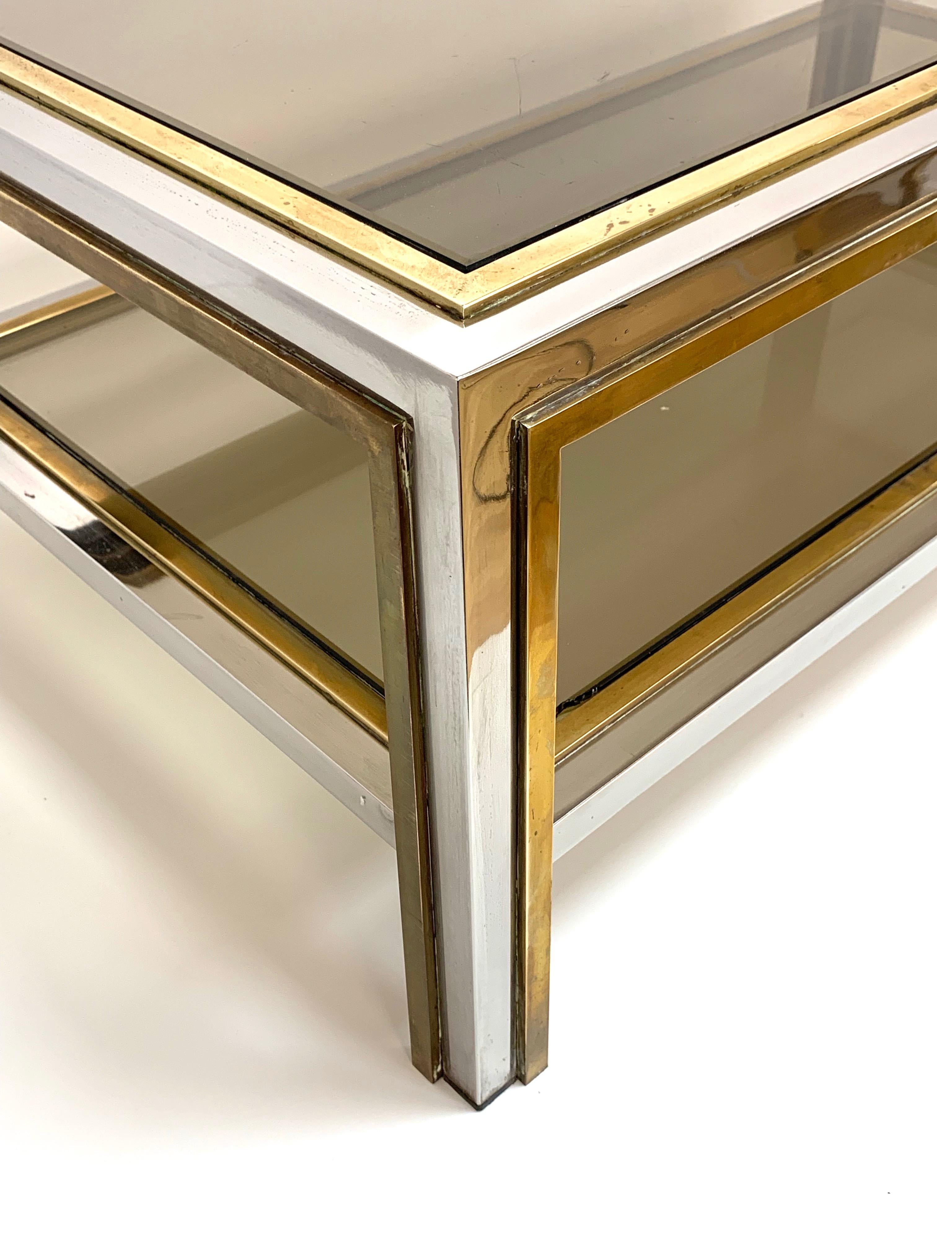 Brass and Chrome Two Levels Coffe Table, Smoked Glass after Romeo Rega, 1970 1