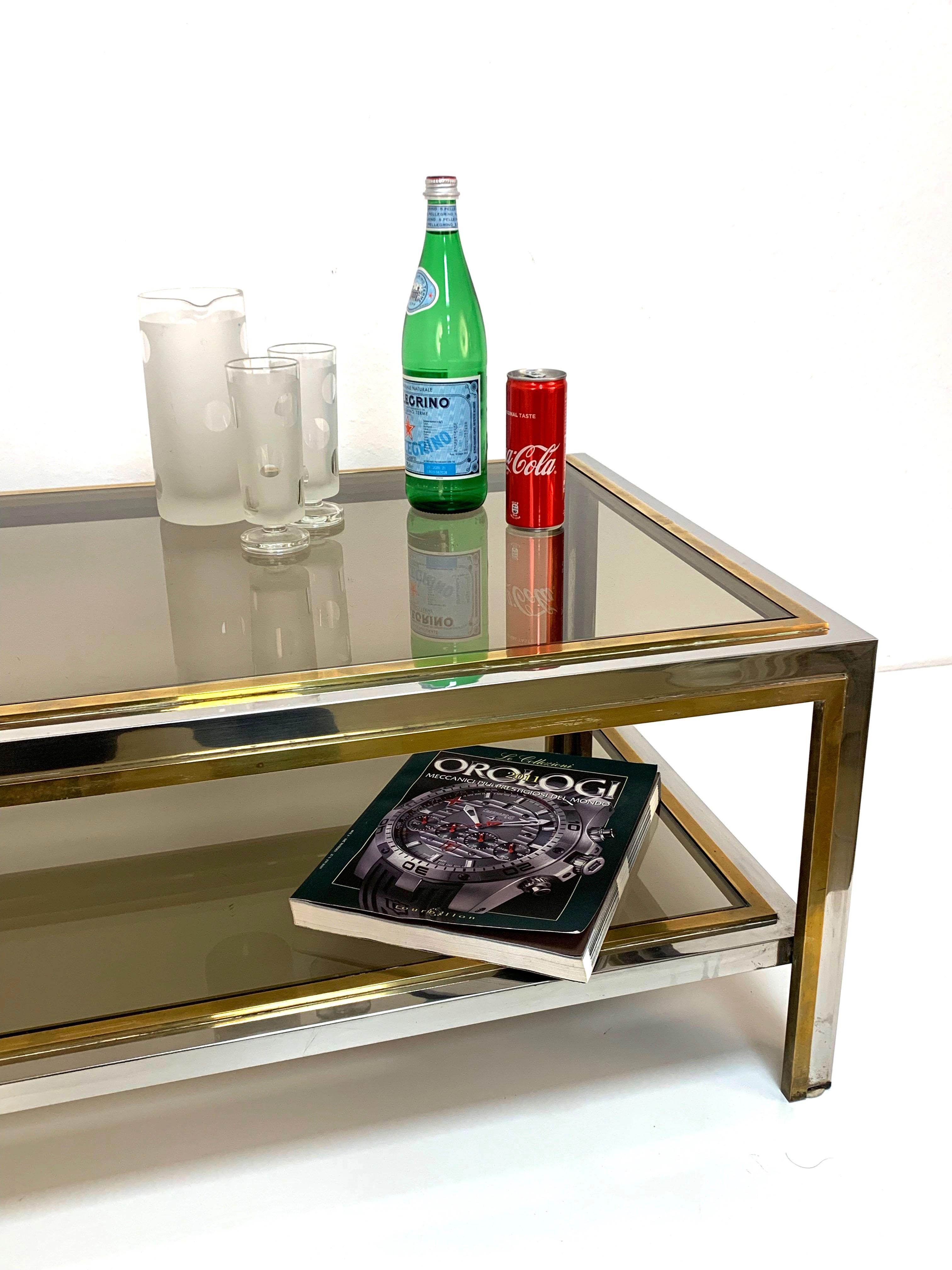 Brass and Chrome Two Levels Coffe Table, Smoked Glass after Romeo Rega, 1970 2
