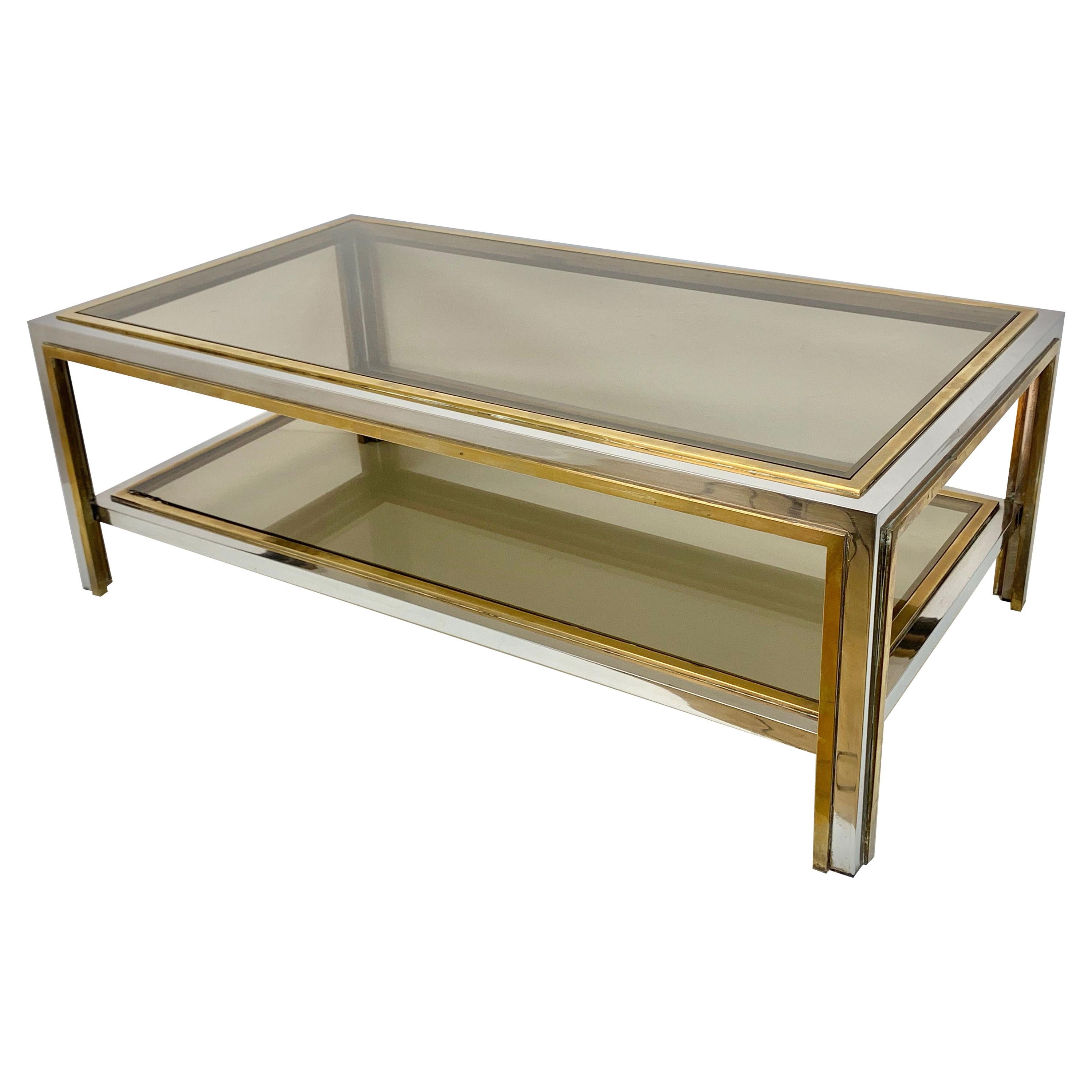 Brass and Chrome Two Levels Coffe Table, Smoked Glass after Romeo Rega, 1970