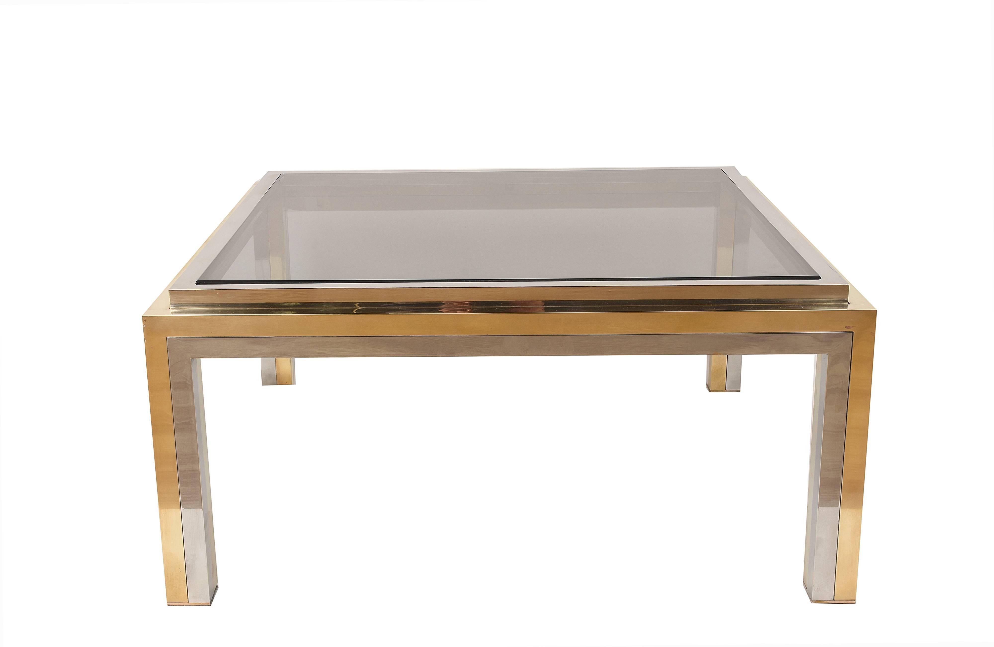Romeo Rega, Square Coffee Table in Brass and Chrome, Smoked Glass, Italy, 1970s In Fair Condition In Roma, IT