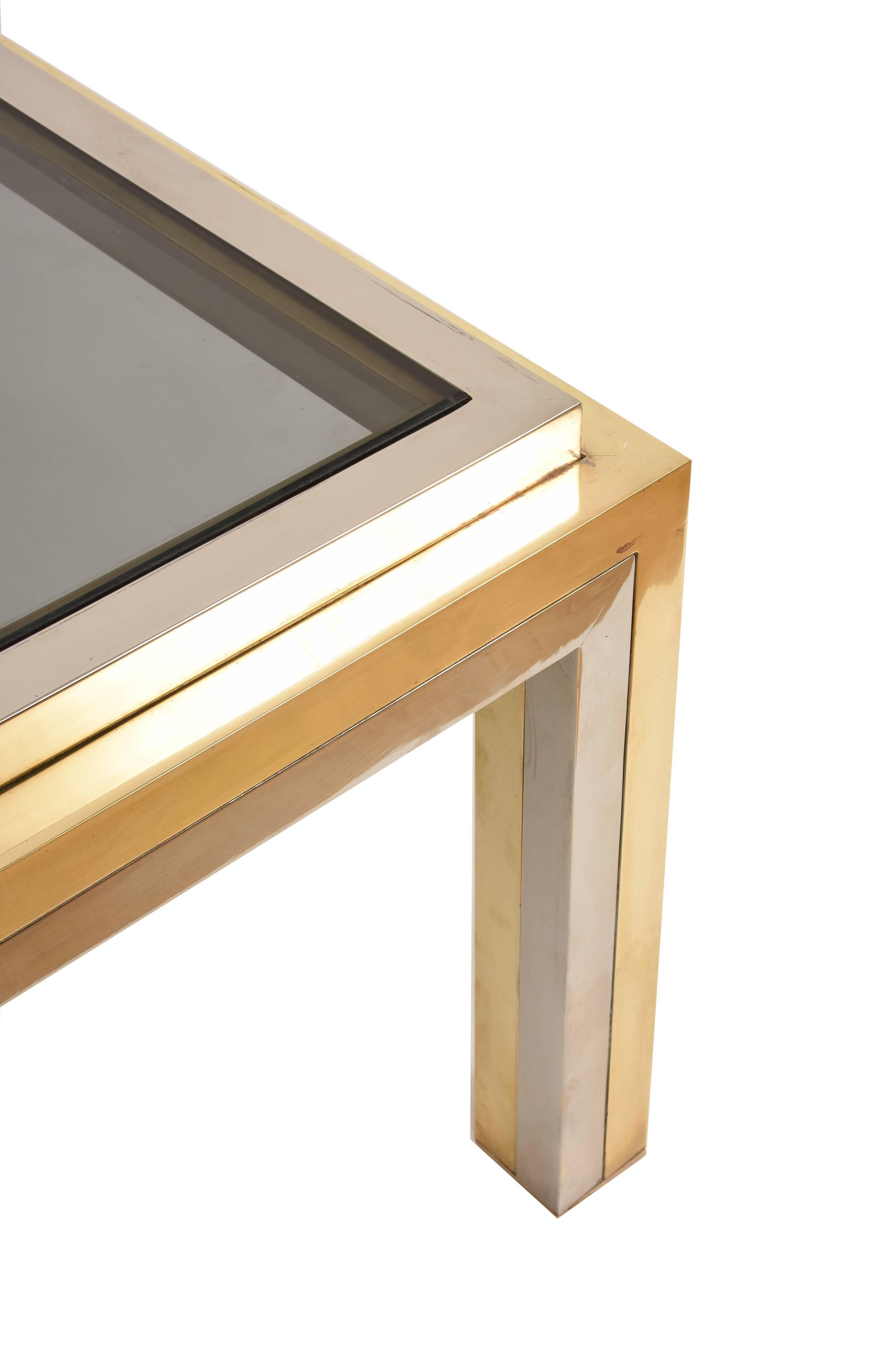 Romeo Rega, Square Coffee Table in Brass and Chrome, Smoked Glass, Italy, 1970s 1