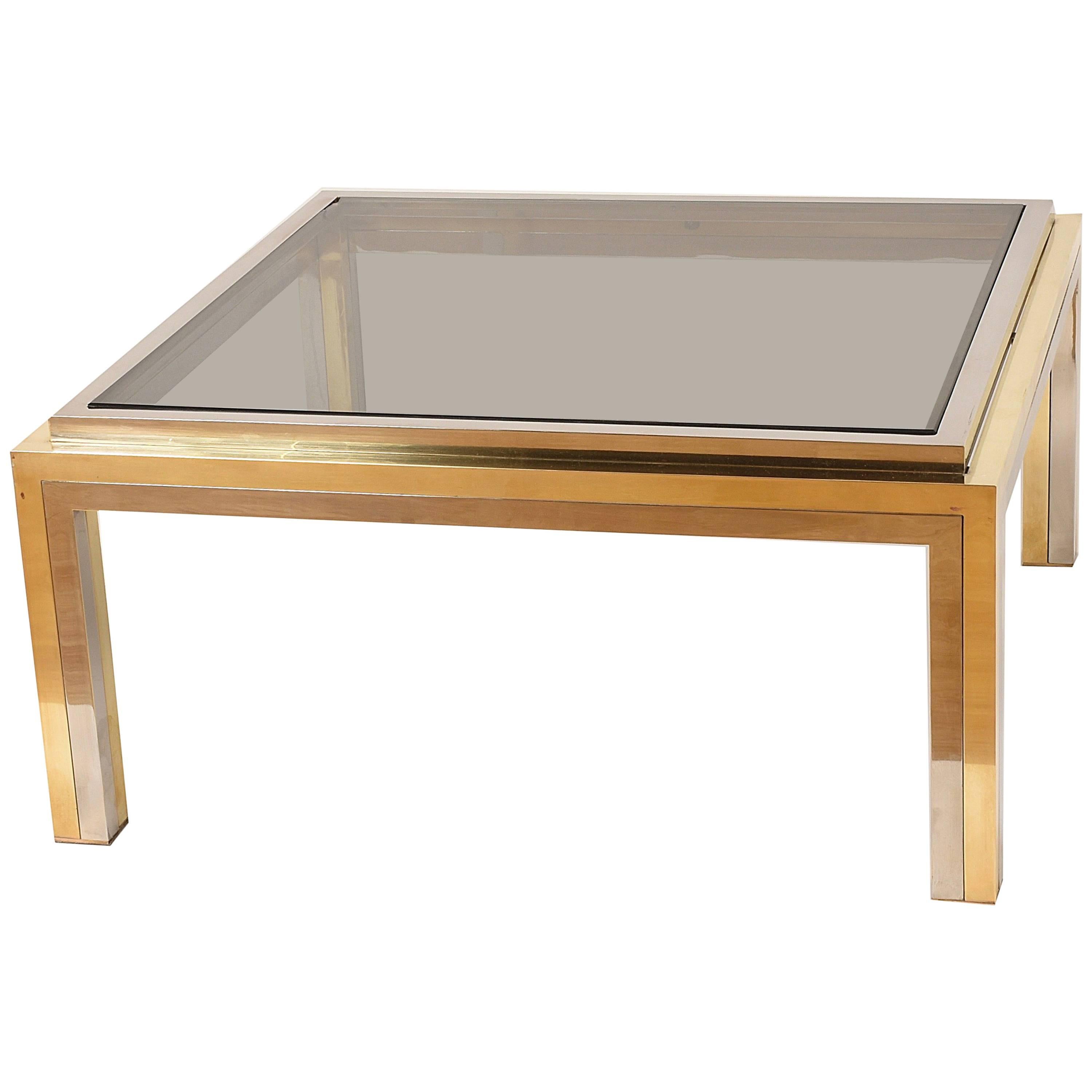 Romeo Rega, Square Coffee Table in Brass and Chrome, Smoked Glass, Italy, 1970s