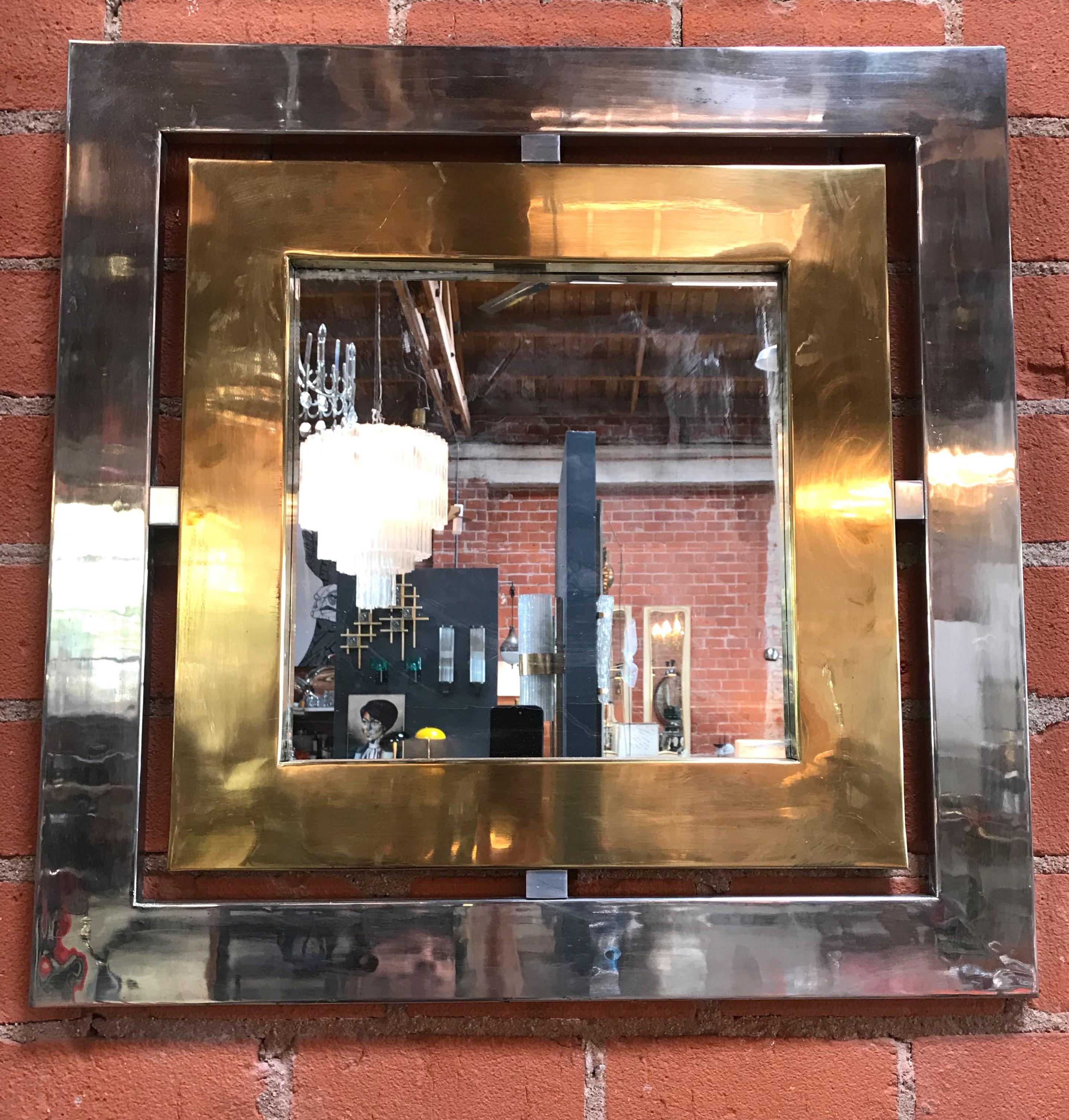 Romeo Rega Square Wall Mirror in Brass and Steel, Italy, 1970s 2