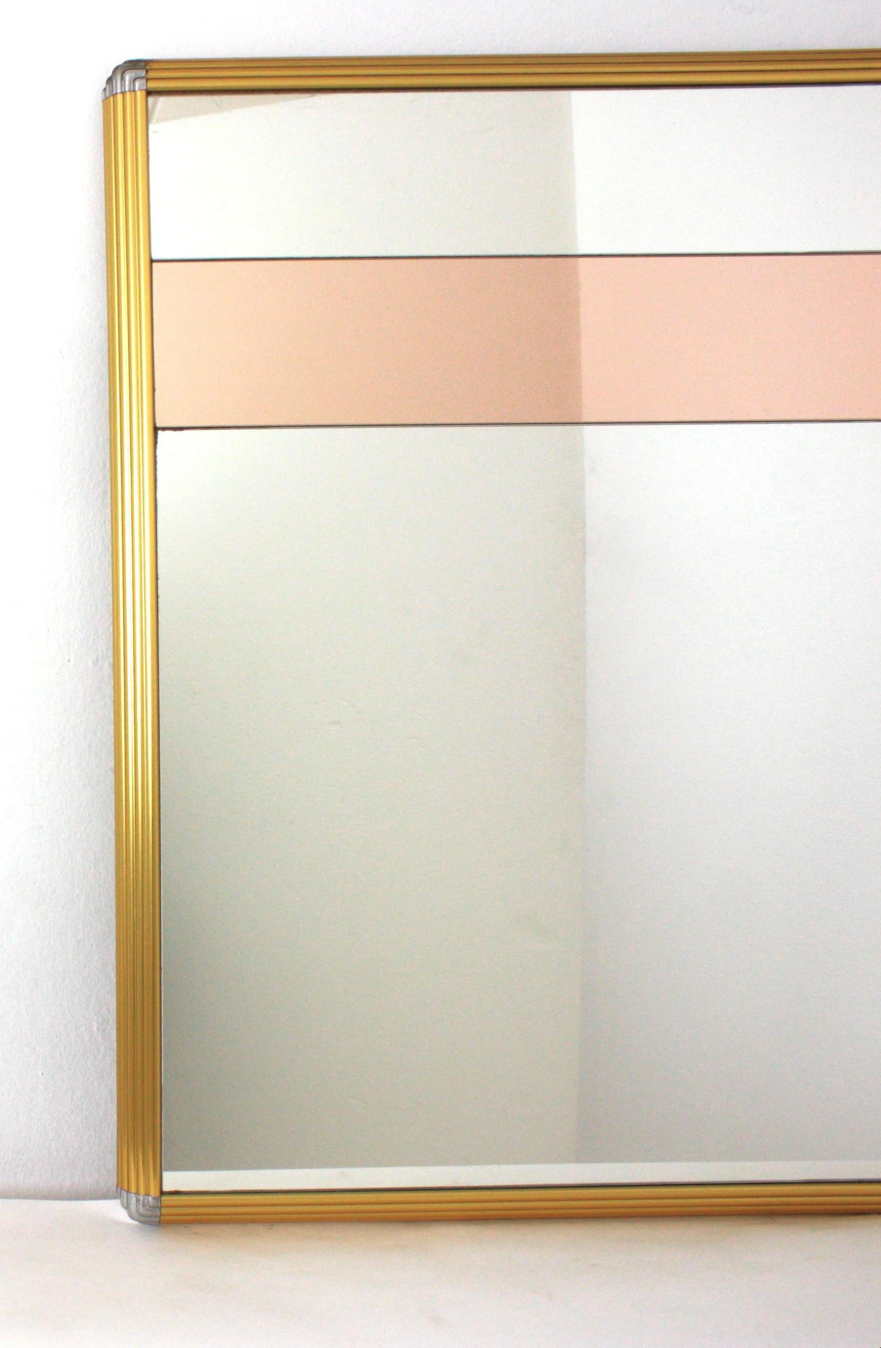 Romeo Rega Style Brass & Chrome Mirror with Smoke Rose Pink Glass Details For Sale 3