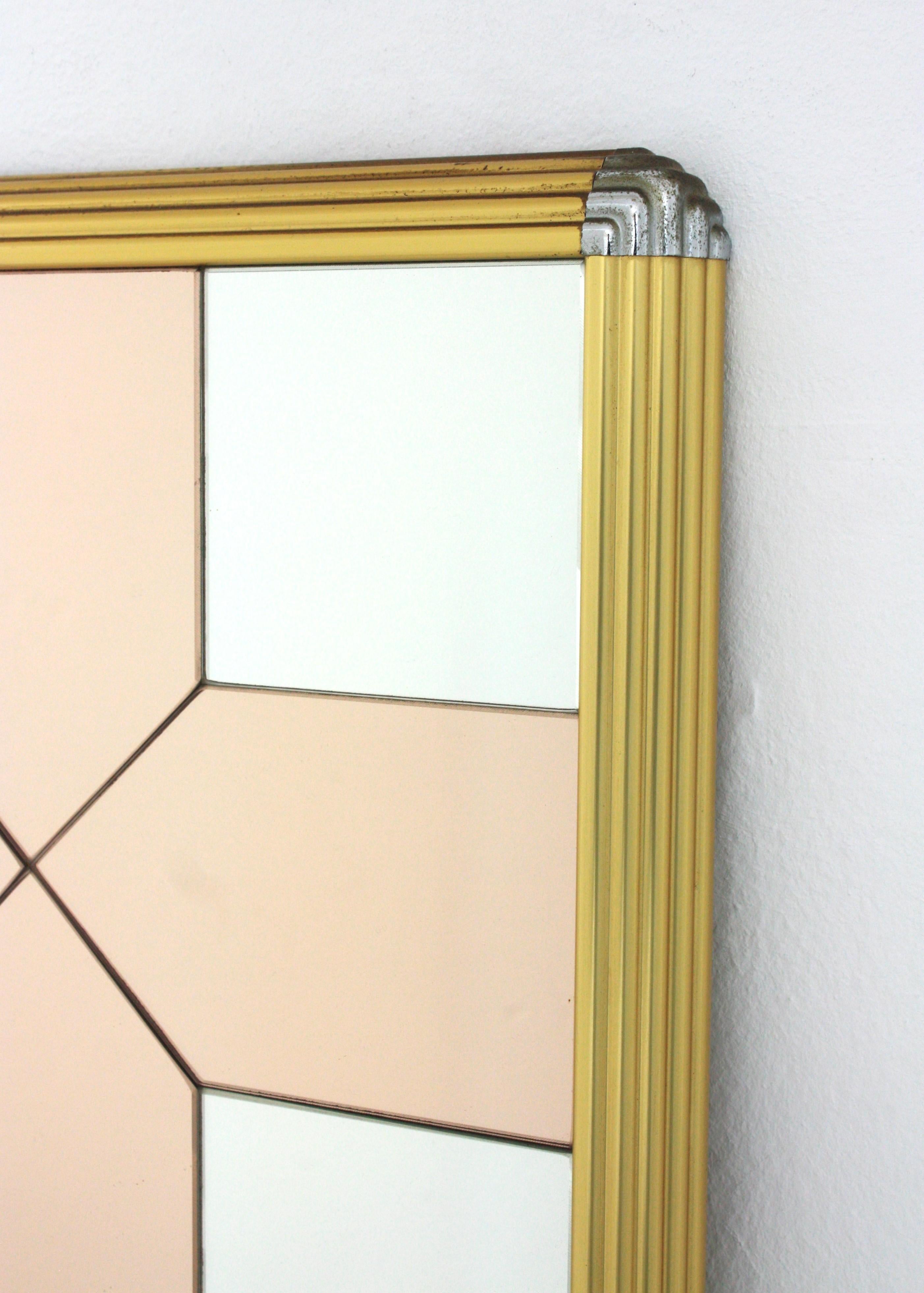 Romeo Rega Style Brass & Chrome Mirror with Smoke Rose Pink Glass Details For Sale 4