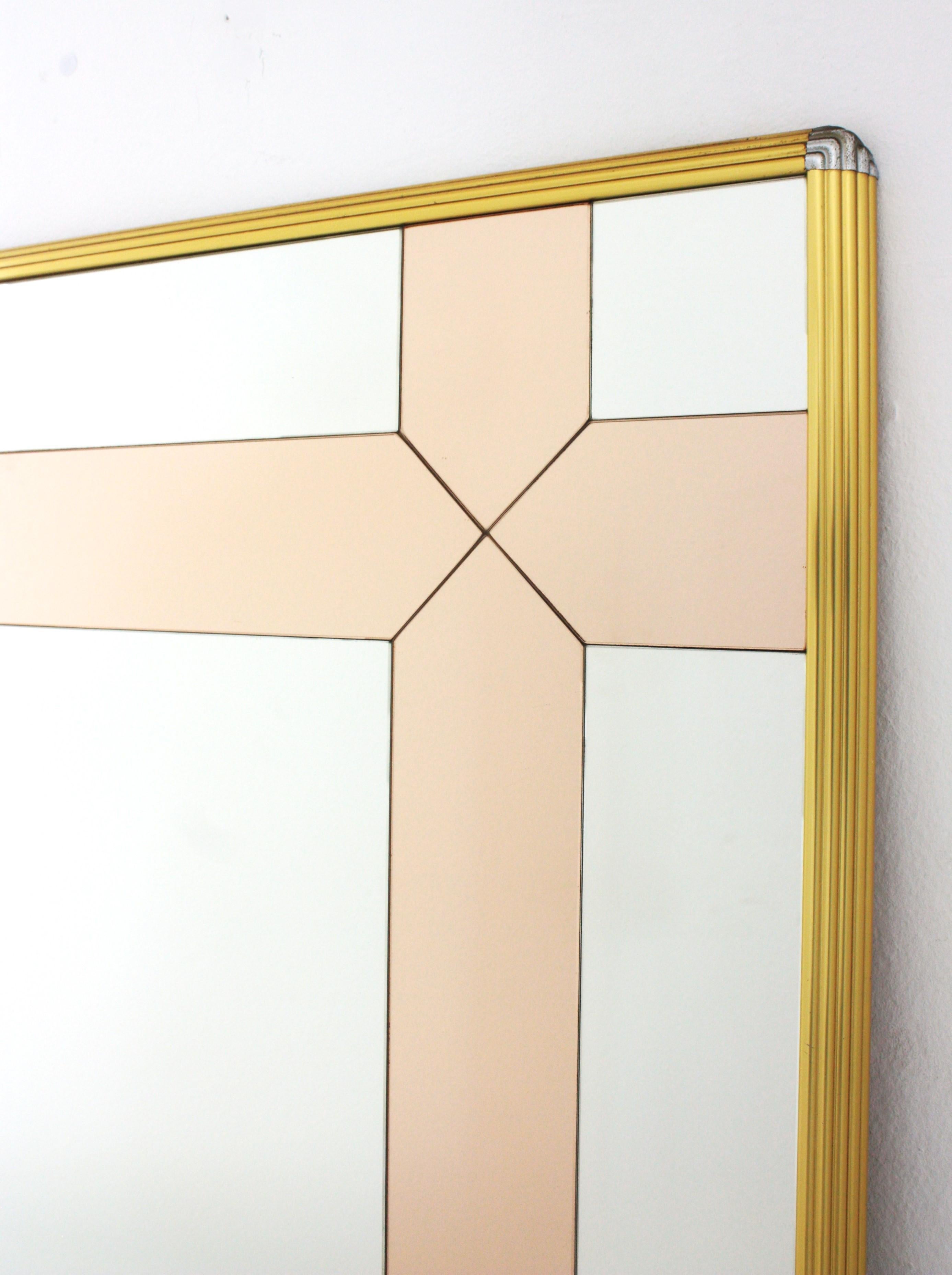 Mid-Century Modern Romeo Rega Style Brass & Chrome Mirror with Smoke Rose Pink Glass Details For Sale