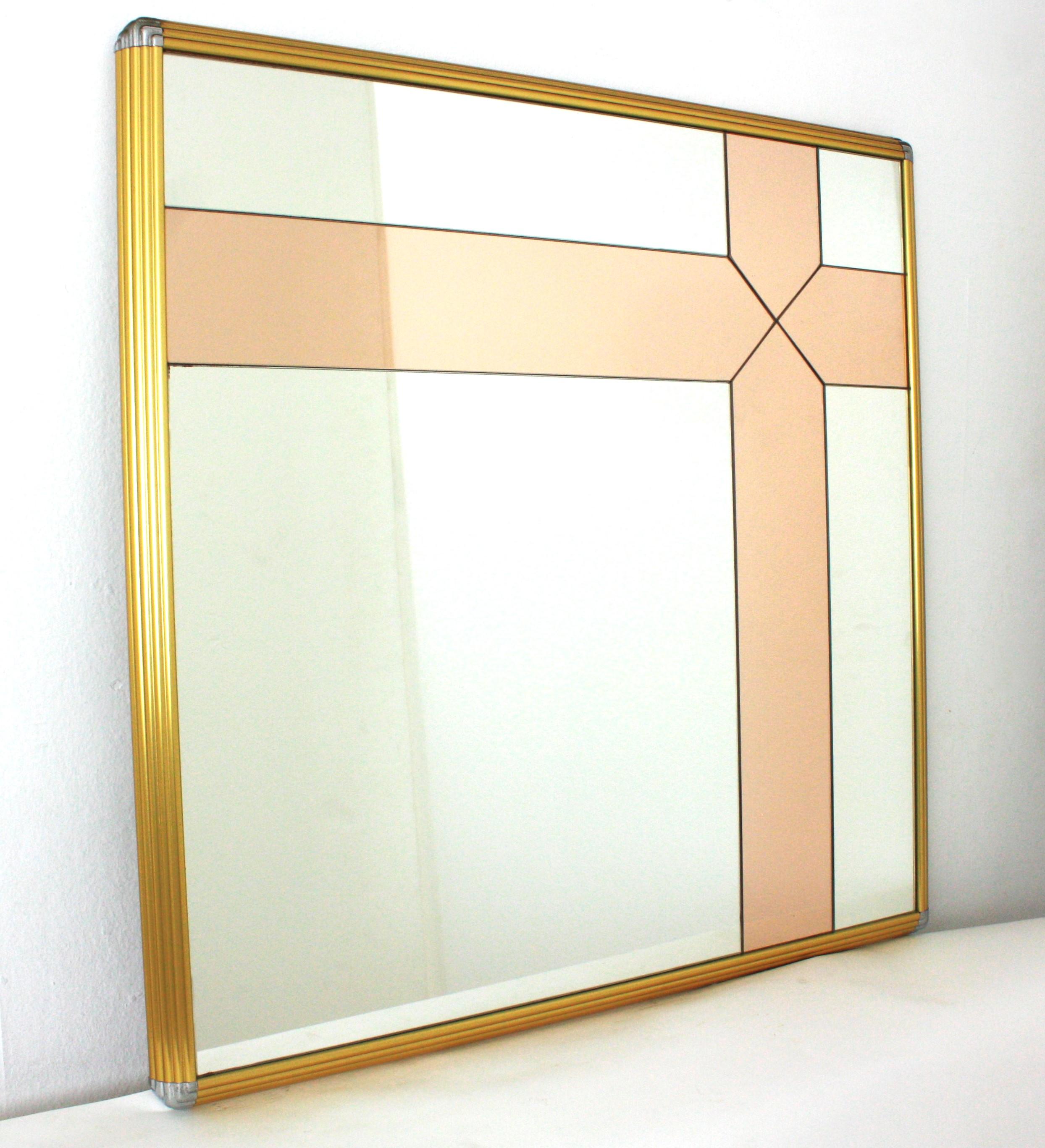 Hand-Crafted Romeo Rega Style Brass & Chrome Mirror with Smoke Rose Pink Glass Details For Sale