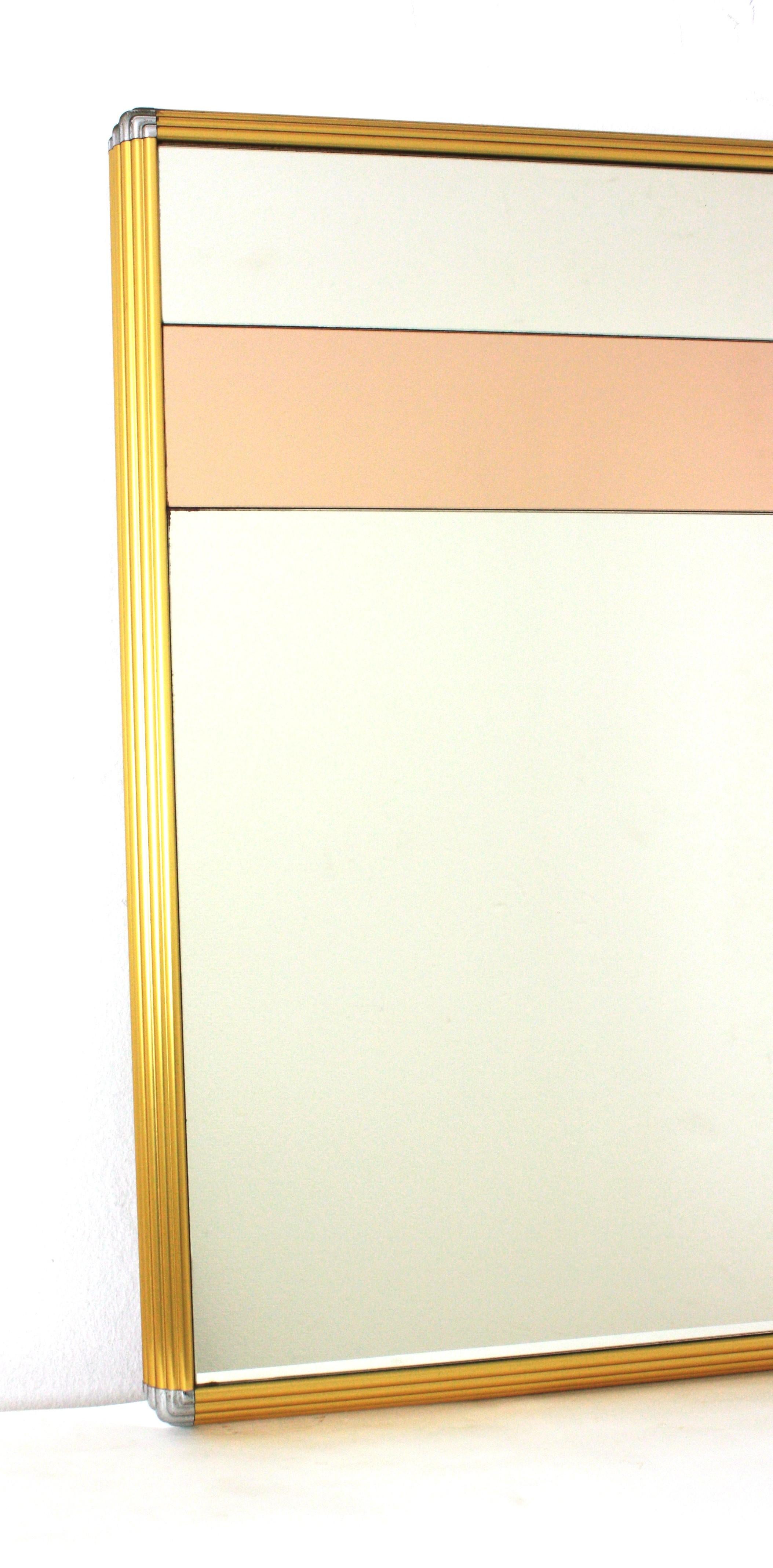 Romeo Rega Style Brass & Chrome Mirror with Smoke Rose Pink Glass Details In Good Condition For Sale In Barcelona, ES