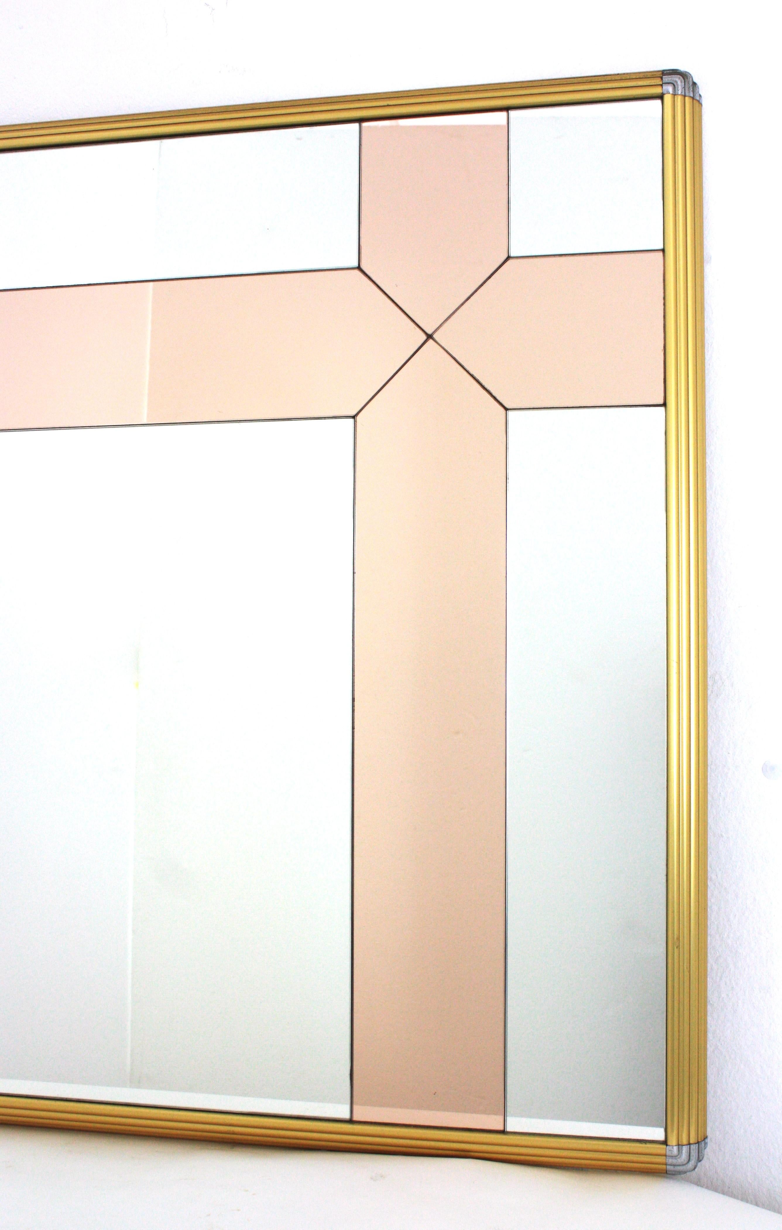 20th Century Romeo Rega Style Brass & Chrome Mirror with Smoke Rose Pink Glass Details For Sale