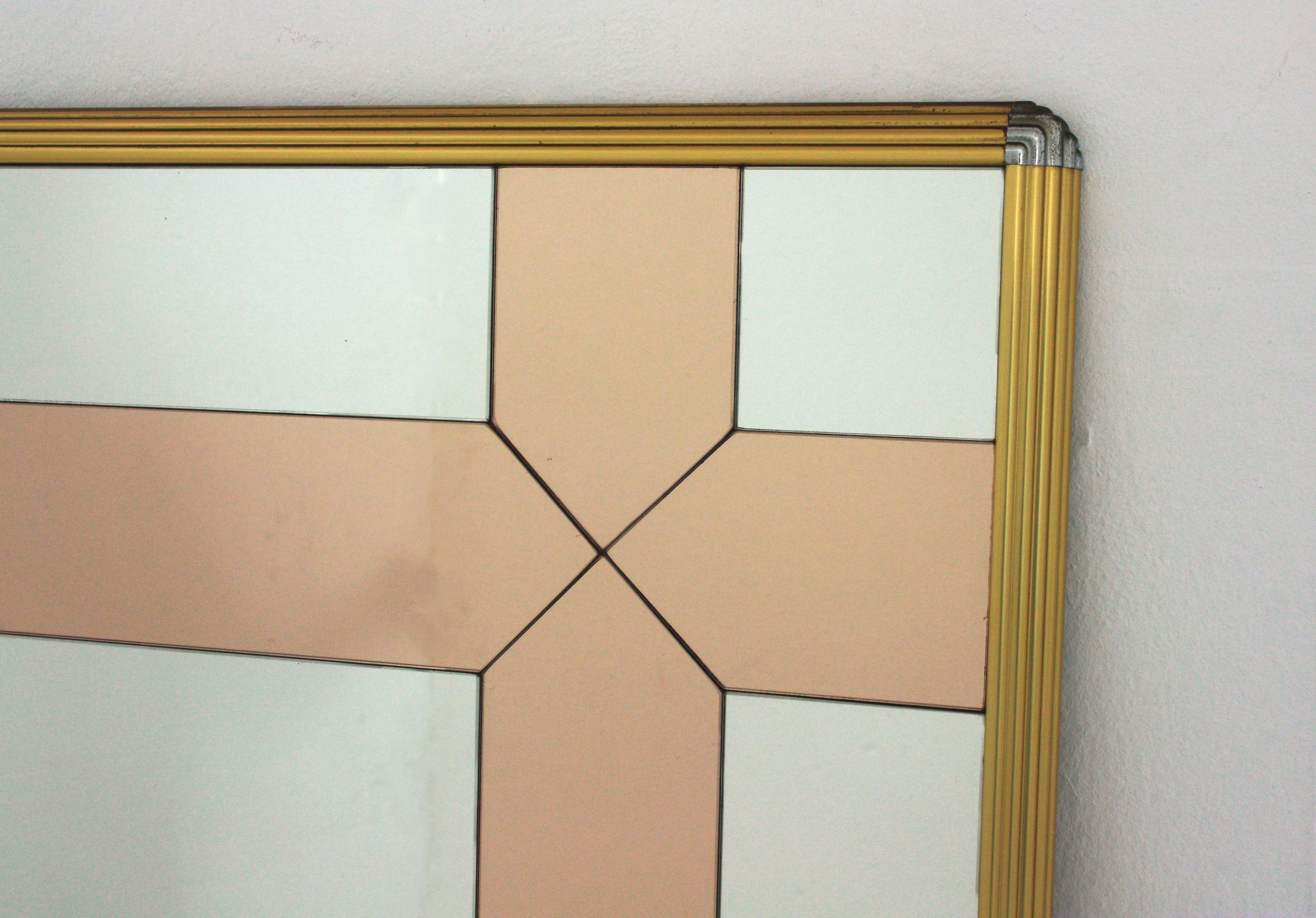 Metal Romeo Rega Style Brass & Chrome Mirror with Smoke Rose Pink Glass Details For Sale