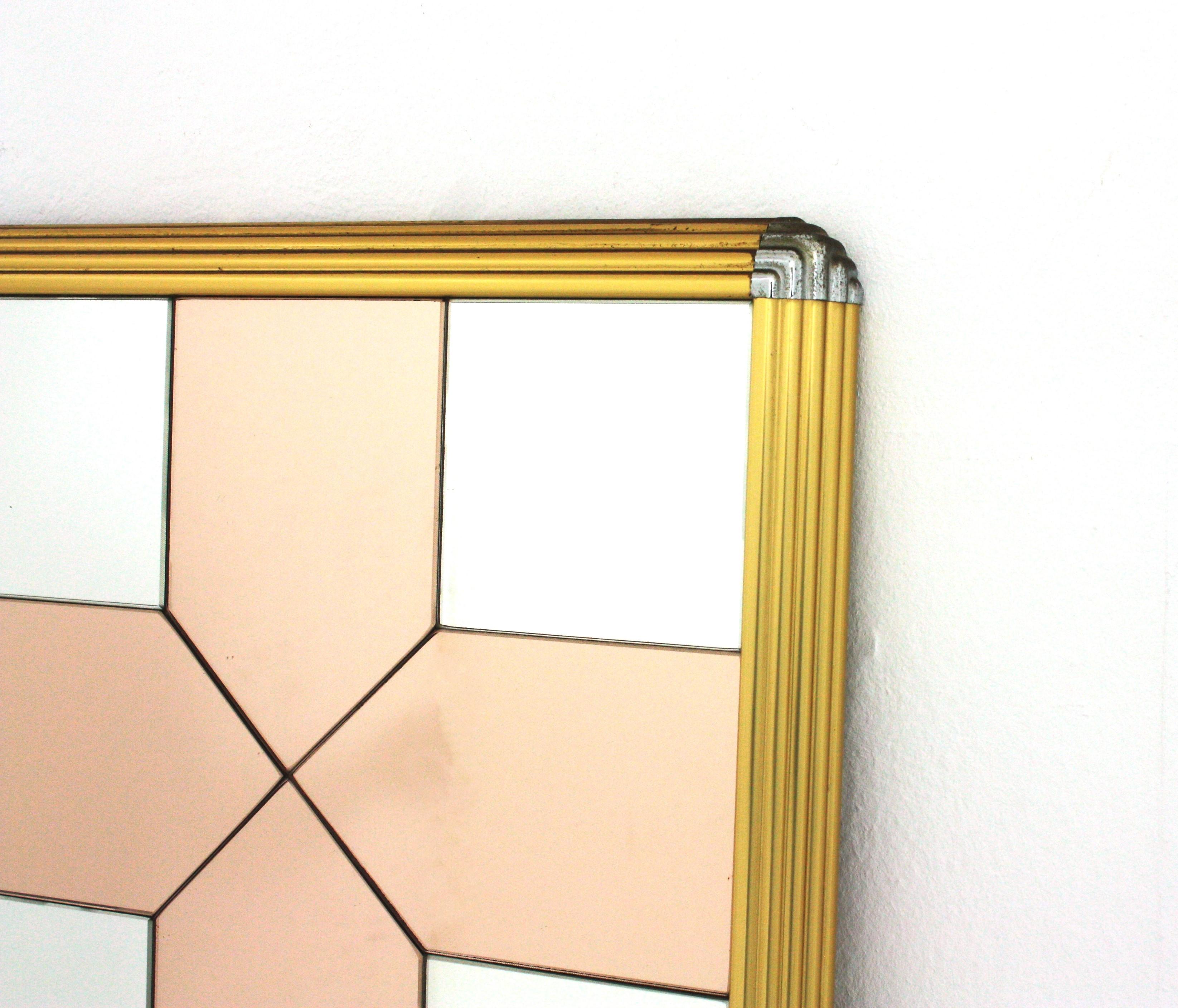 Romeo Rega Style Brass & Chrome Mirror with Smoke Rose Pink Glass Details For Sale 2