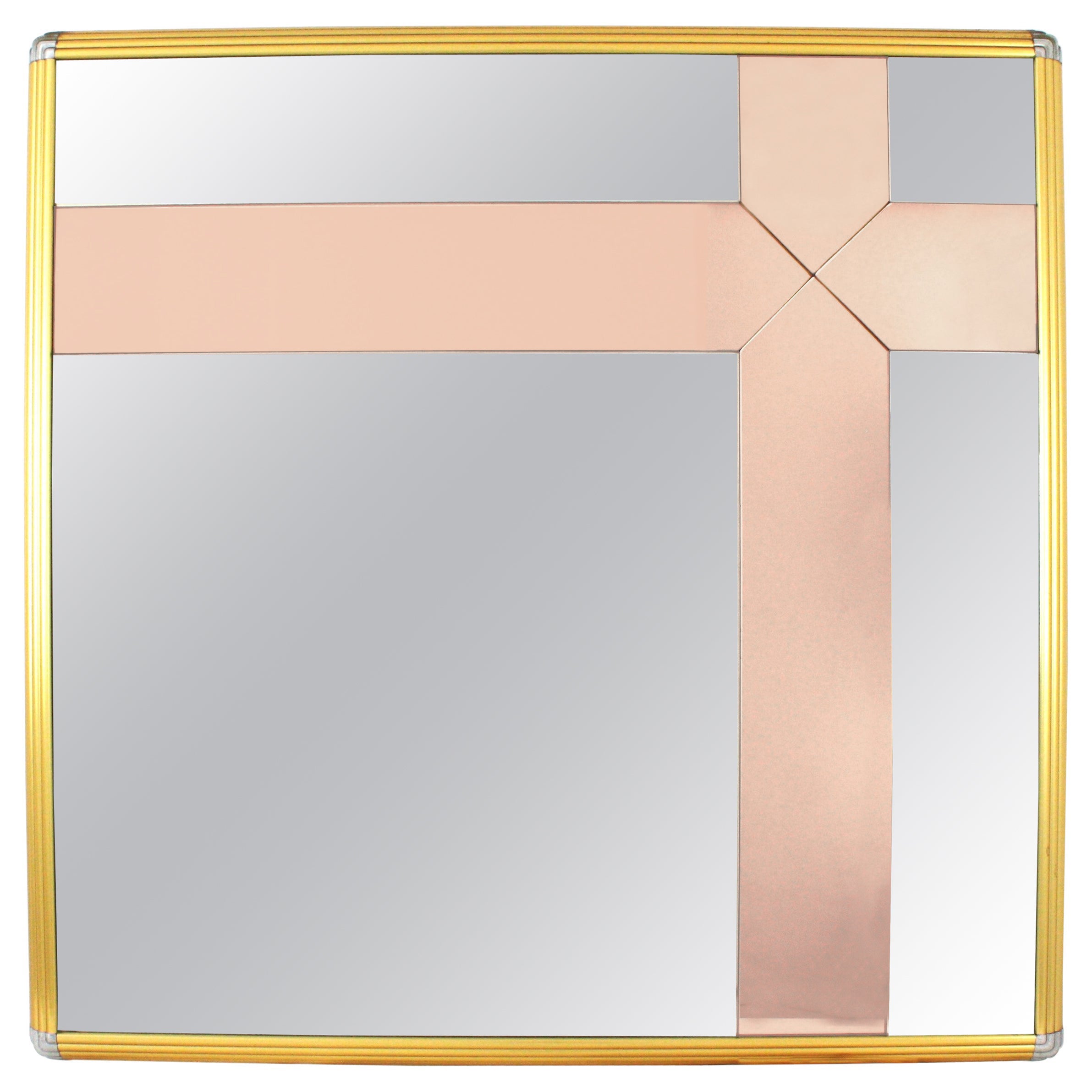 Miroir de style Romeo Rega en laiton et chrome avec détails en verre rose fumé et rose en vente