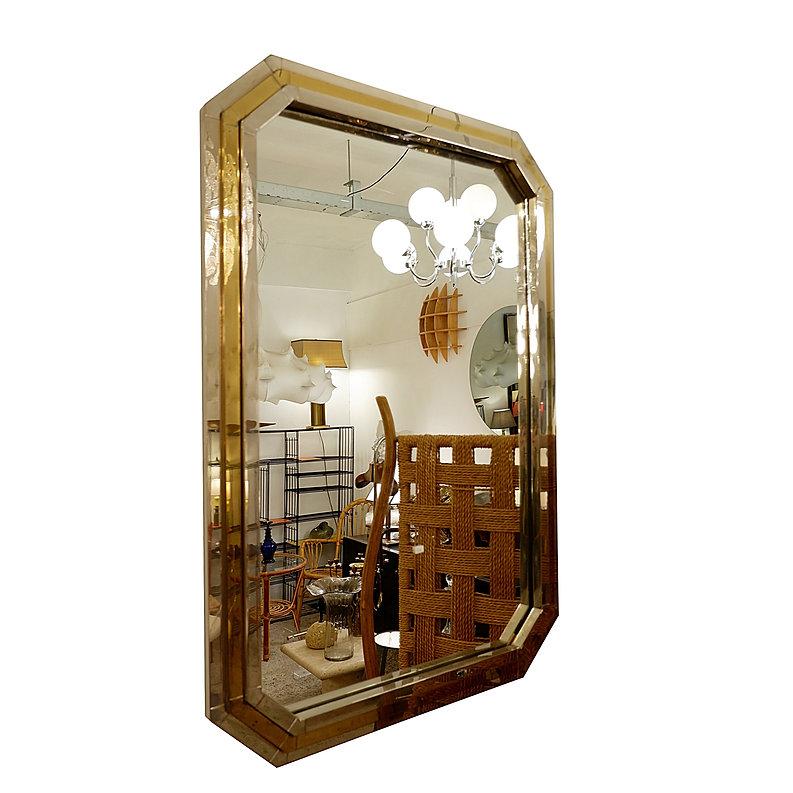 Italian Romeo Rega style chrome and brass mirror - 1970s For Sale