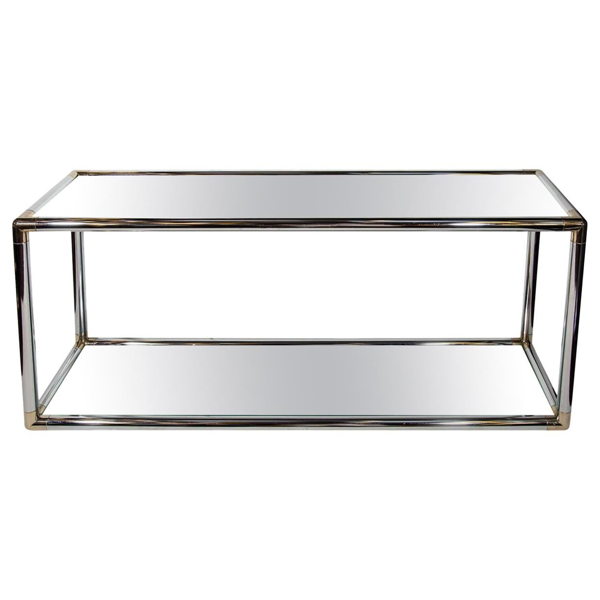 Romeo Rega Style Chrome and Mirrored Double Console Table, 1970s