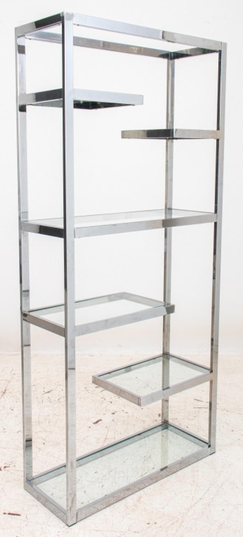 Romeo Rega style modern chrome and glass shelves. In good condition. Wear consistent with age and use. Acquired from a Manhattan estate. 
Dimensions: 78