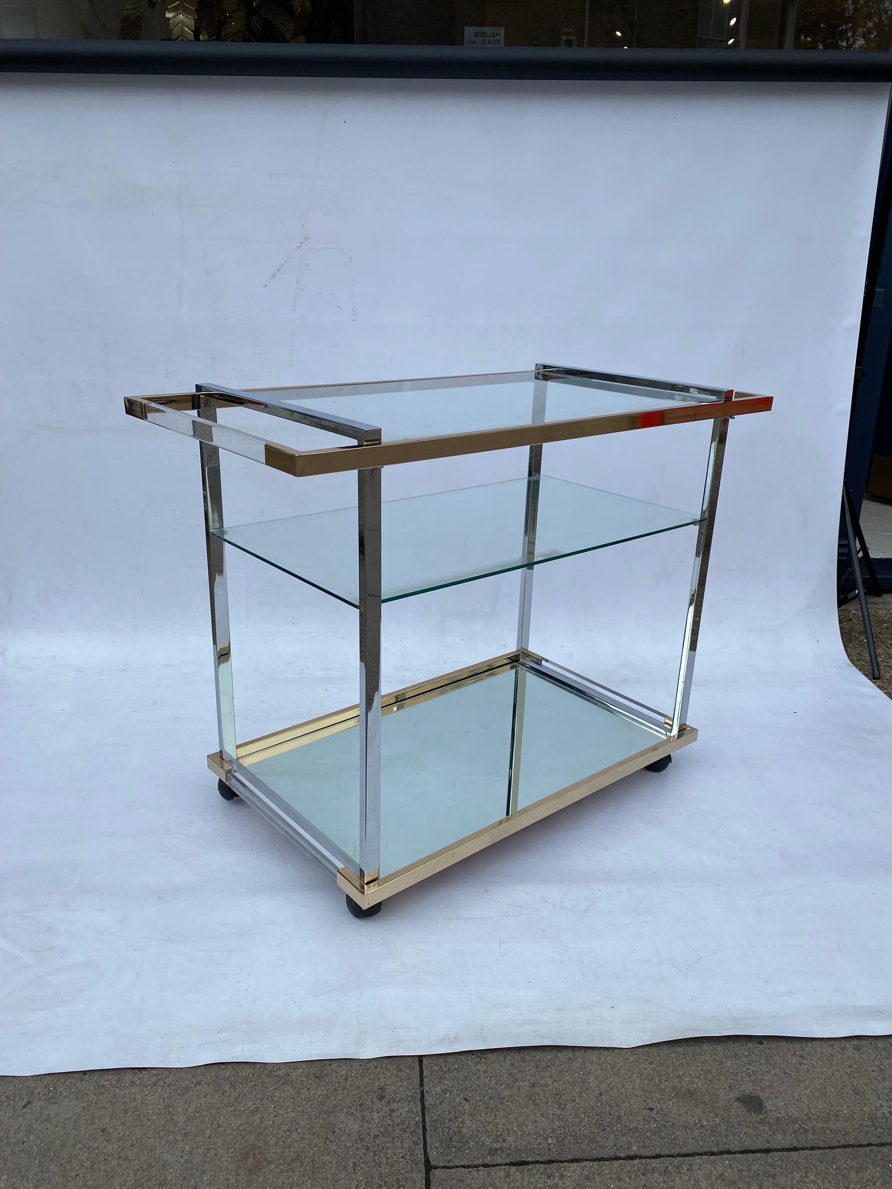 Late 20th Century Romeo Rega Style Gold Plated Lucite Glass Bar Cart 1990s Hollywood Regency