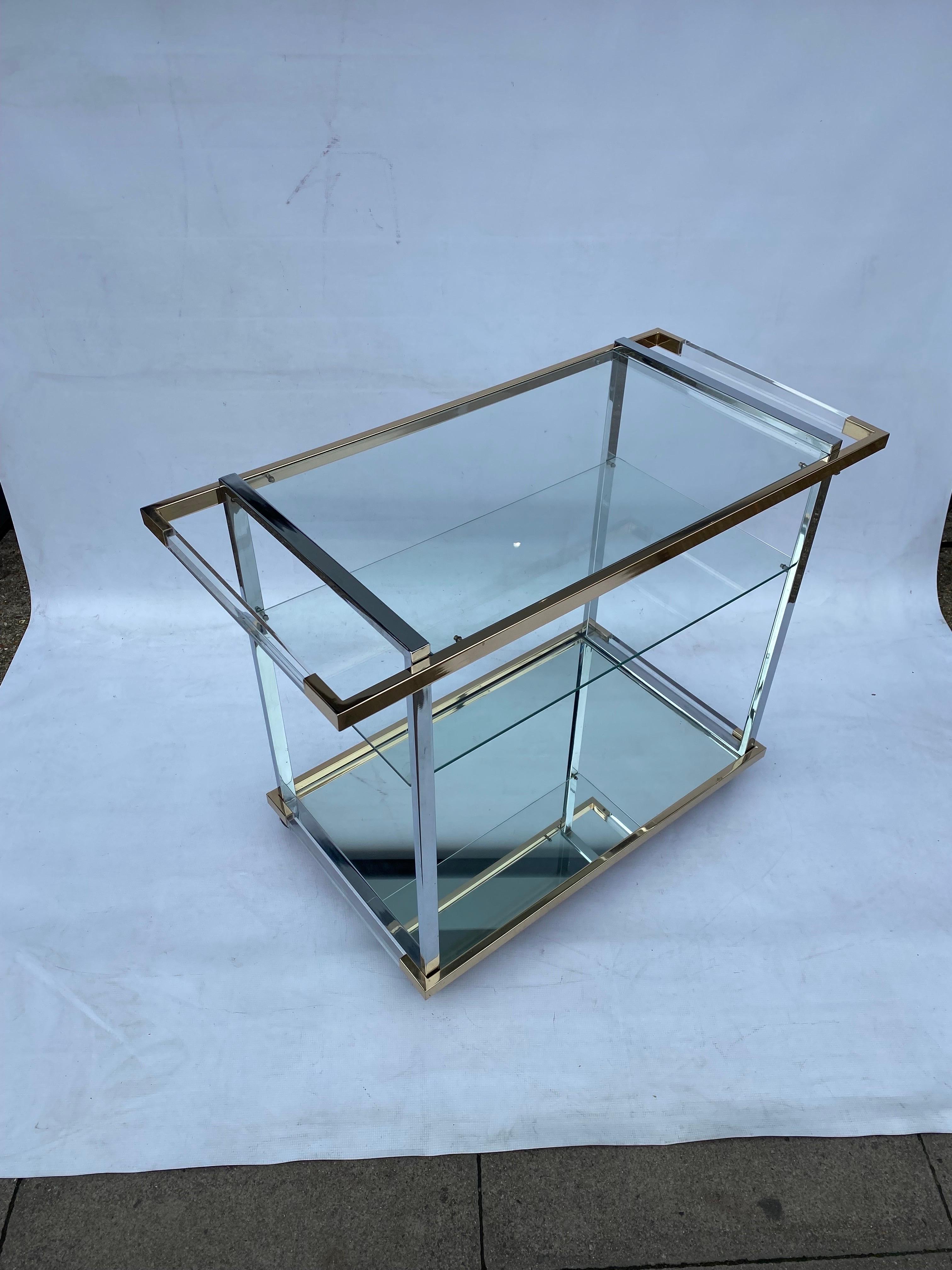Metal Romeo Rega Style Gold Plated Lucite Glass Bar Cart 1990s Hollywood Regency